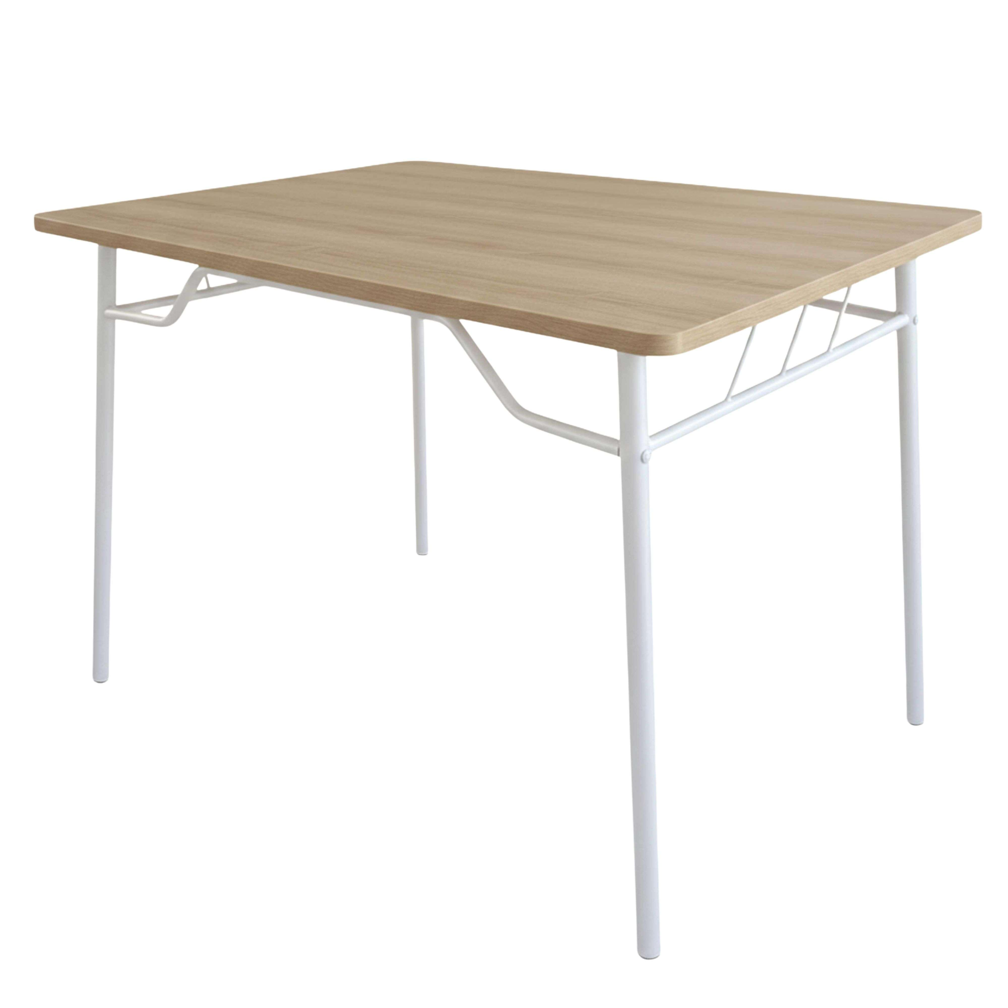 Una mesa rectangular con tapa de madera marrón claro y patas de metal blancas.