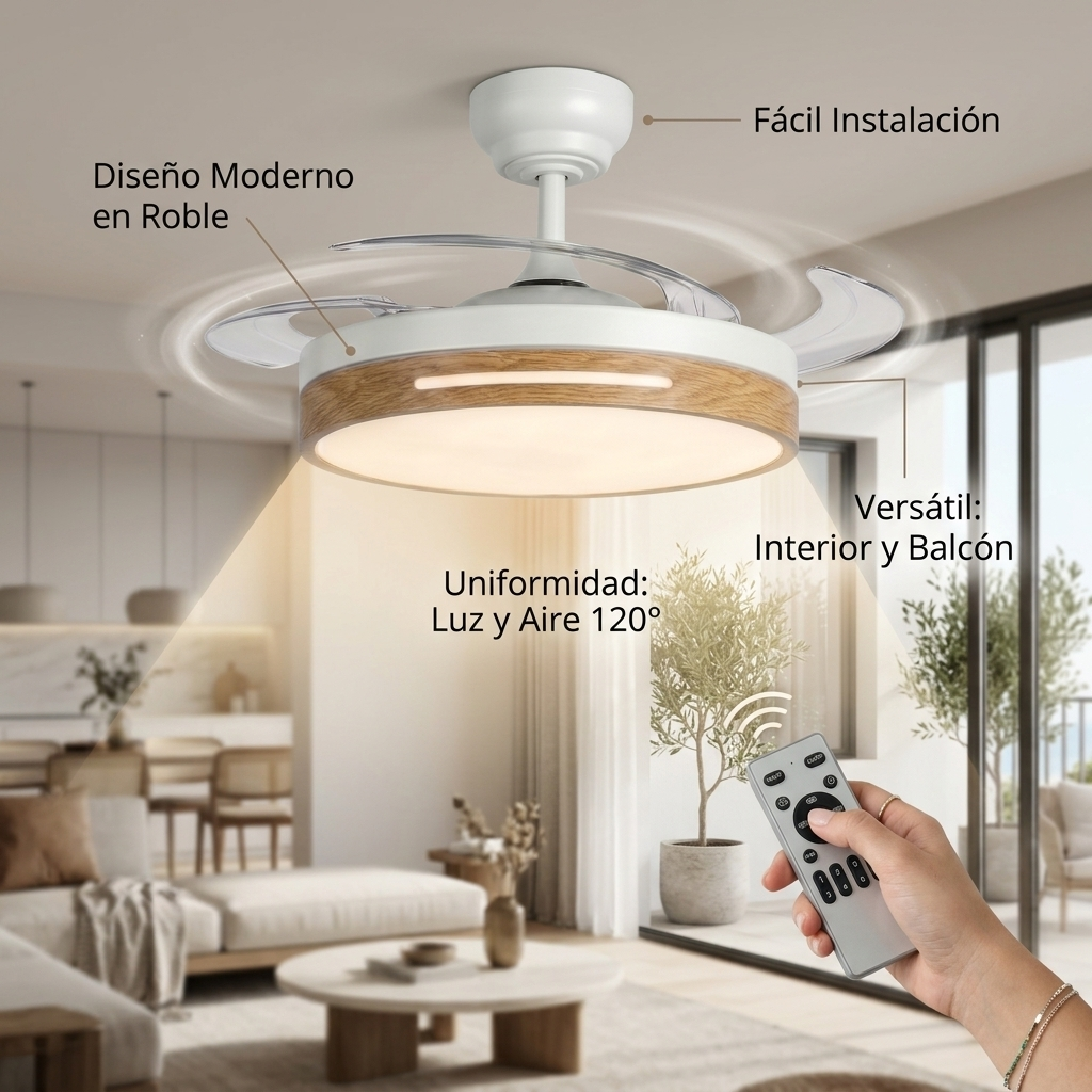 Moderna lámpara de techo con ventilador, detalle en madera, control remoto.