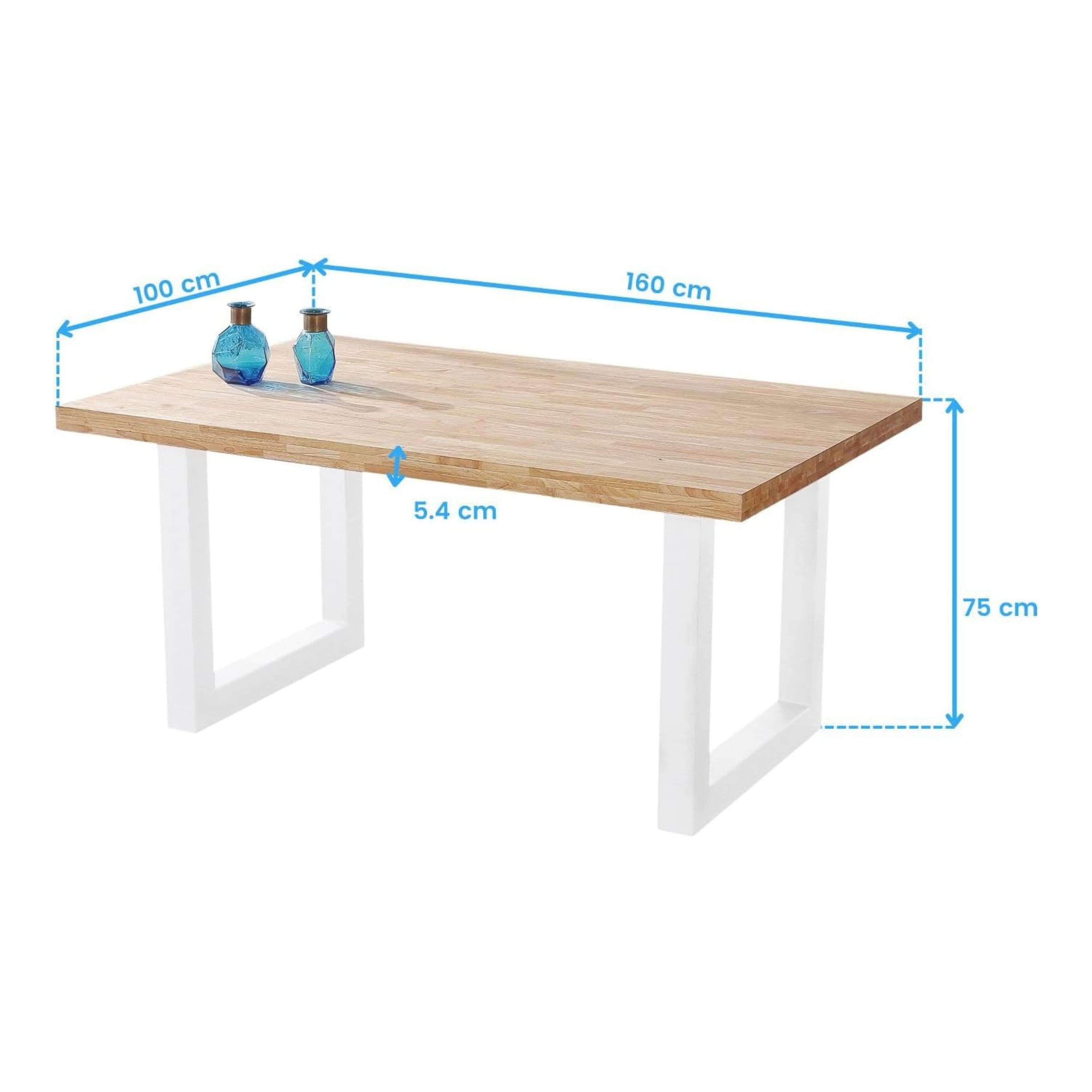 Mesa de madera con patas blancas, dimensiones 160x100x75 cm, con dos jarrones azules.