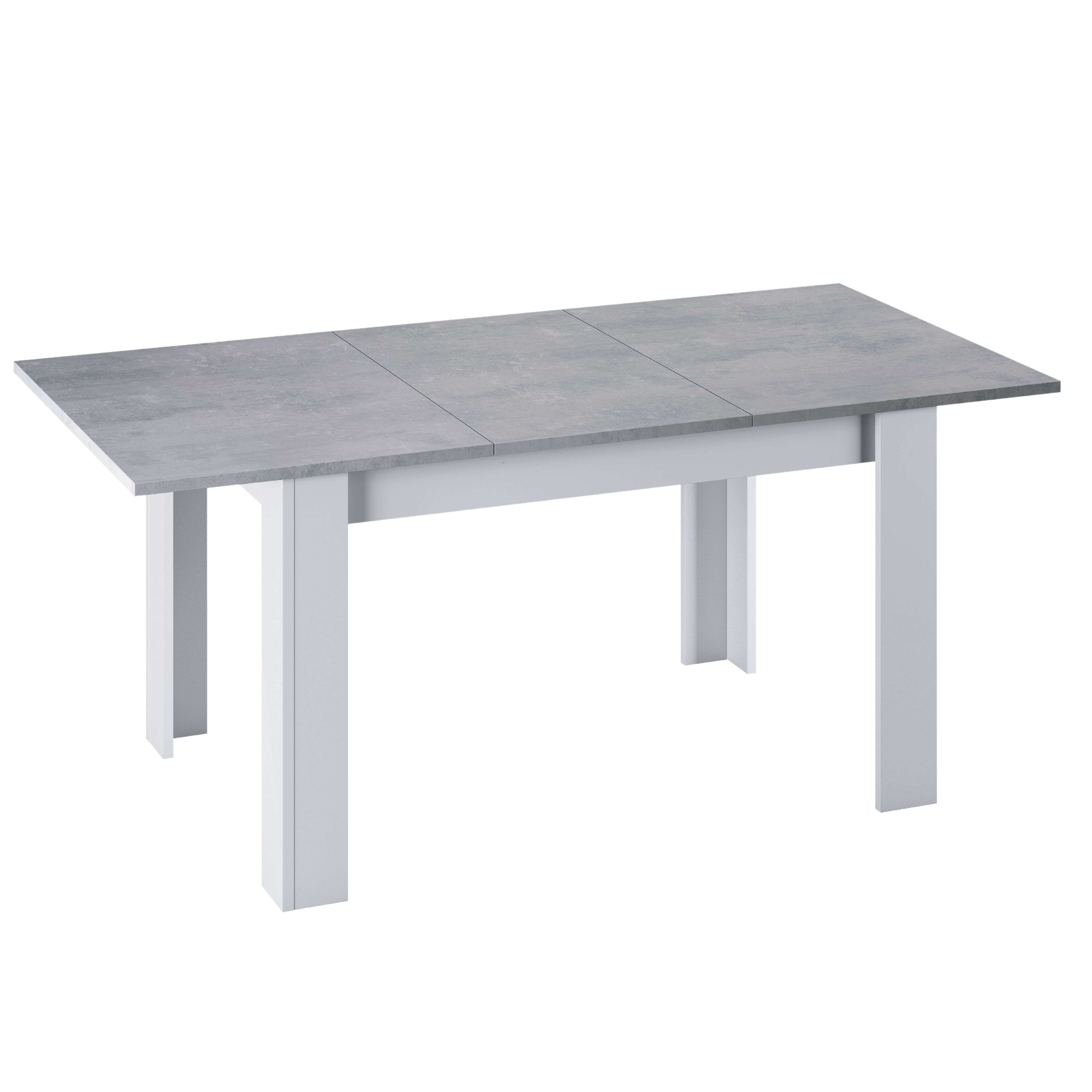 Mesa extensible con tablero de patrón de piedra y patas blancas.