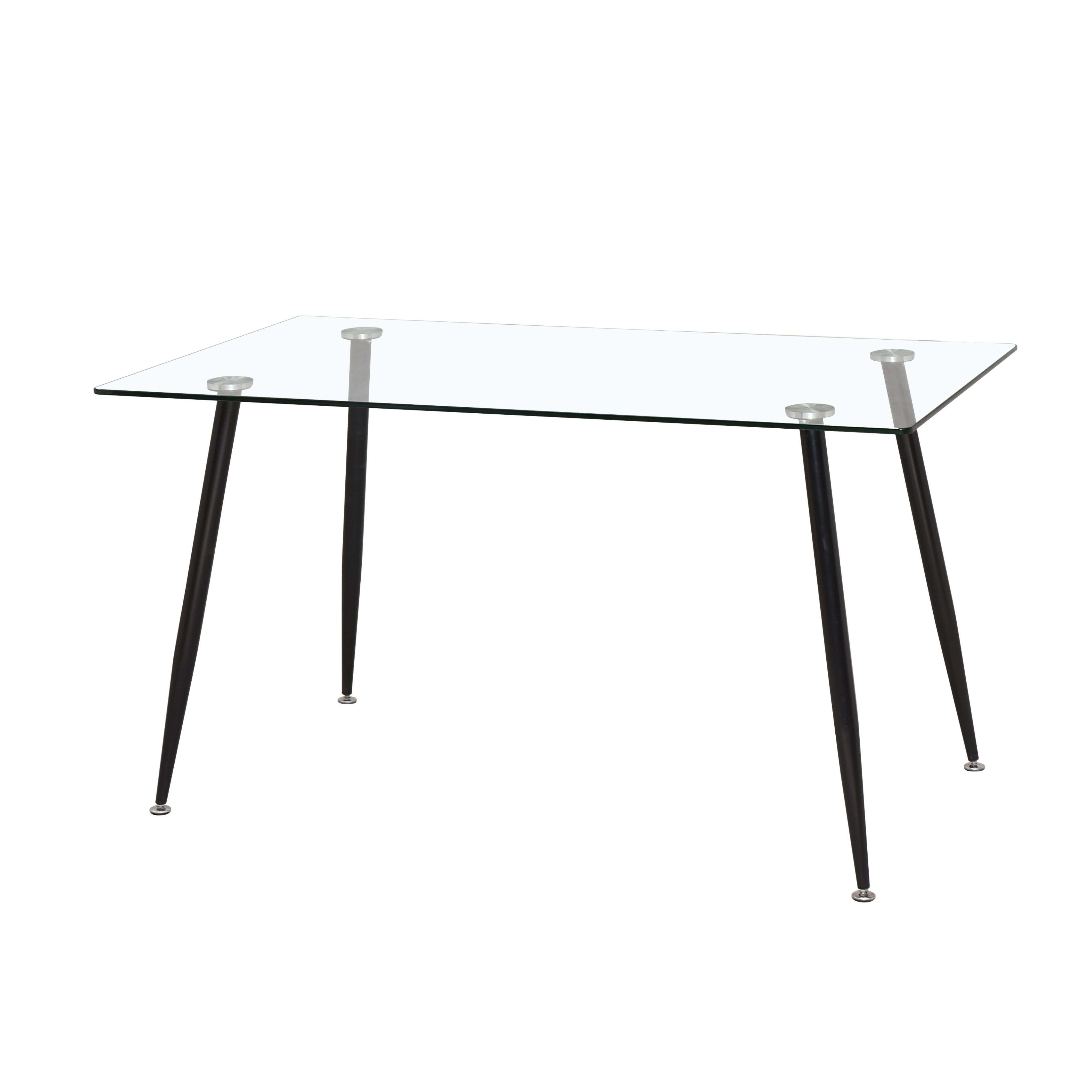 Una mesa rectangular de cristal con cuatro patas negras y elegantes.