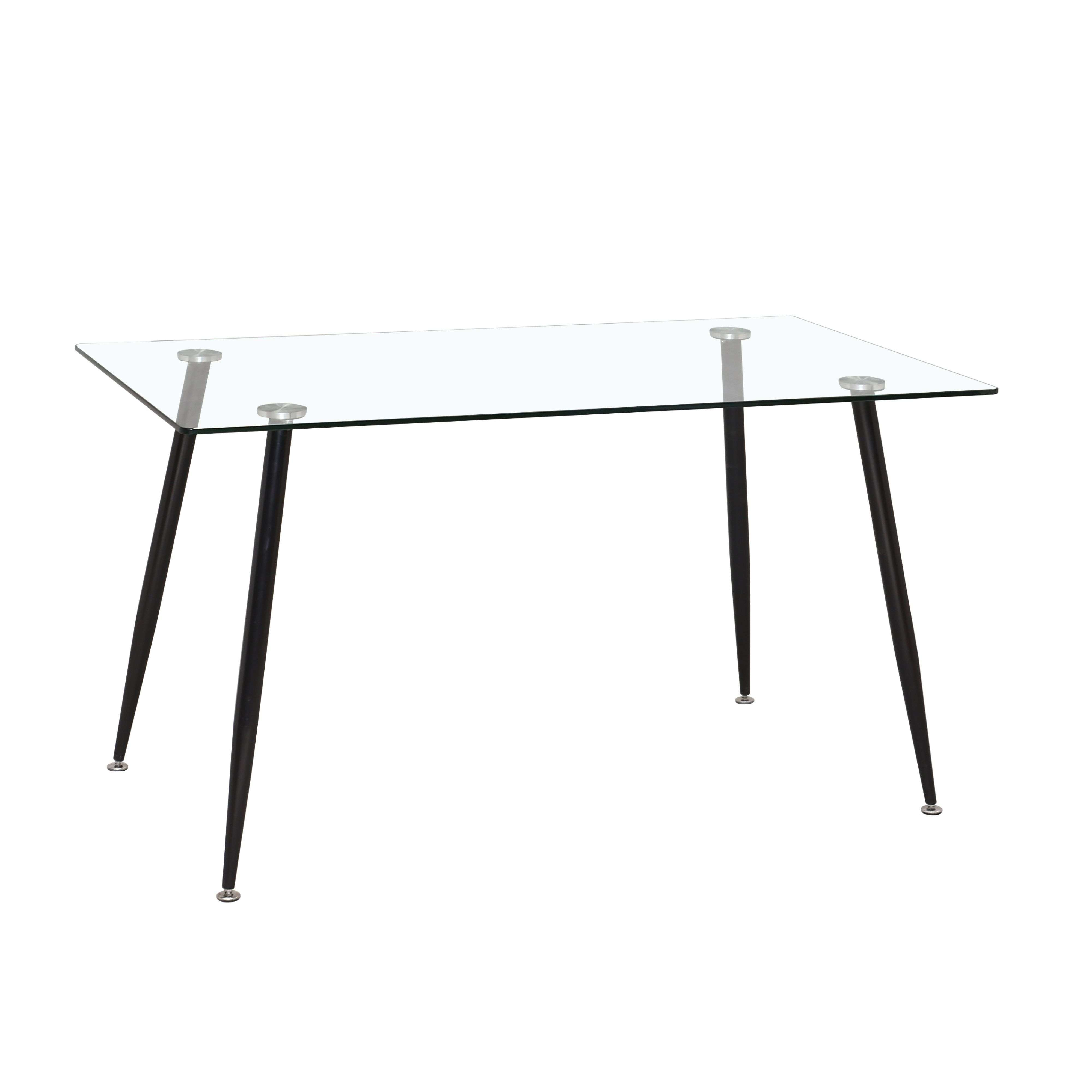 Una mesa rectangular de cristal con cuatro patas negras y elegantes.