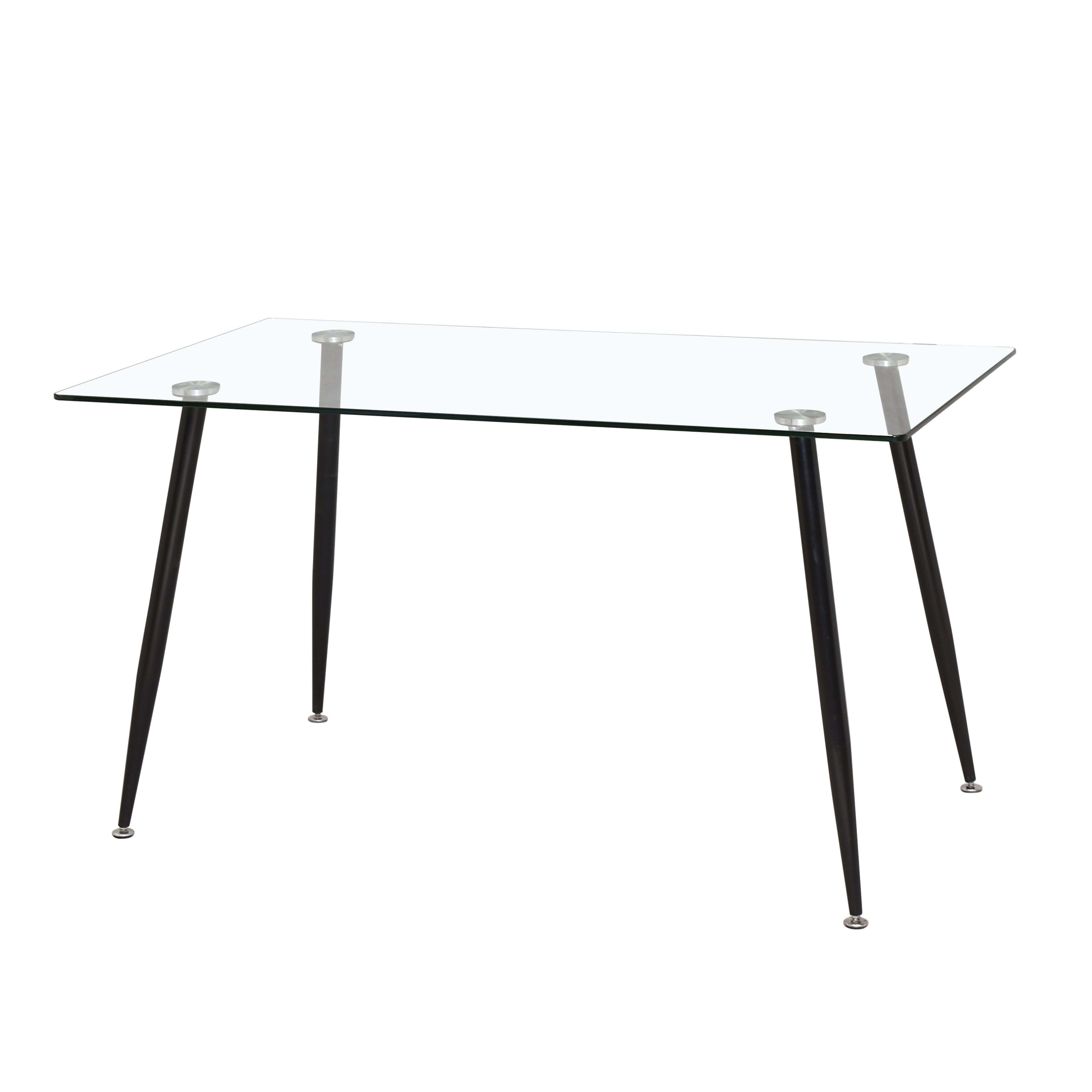 Mesa rectangular de cristal con patas negras delgadas sobre fondo blanco.