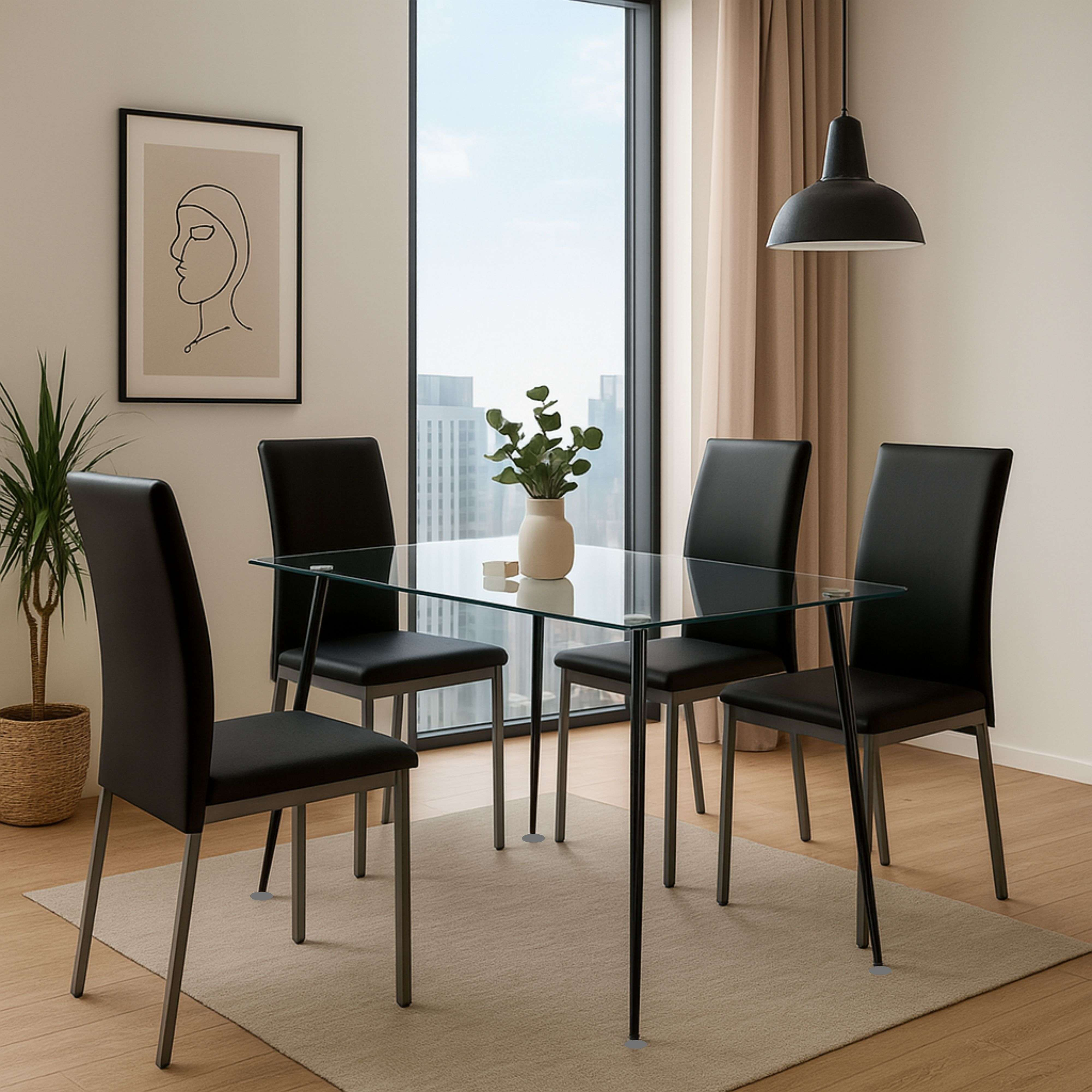 Mesa de cristal con cuatro sillas negras, junto a un cuadro y una planta.