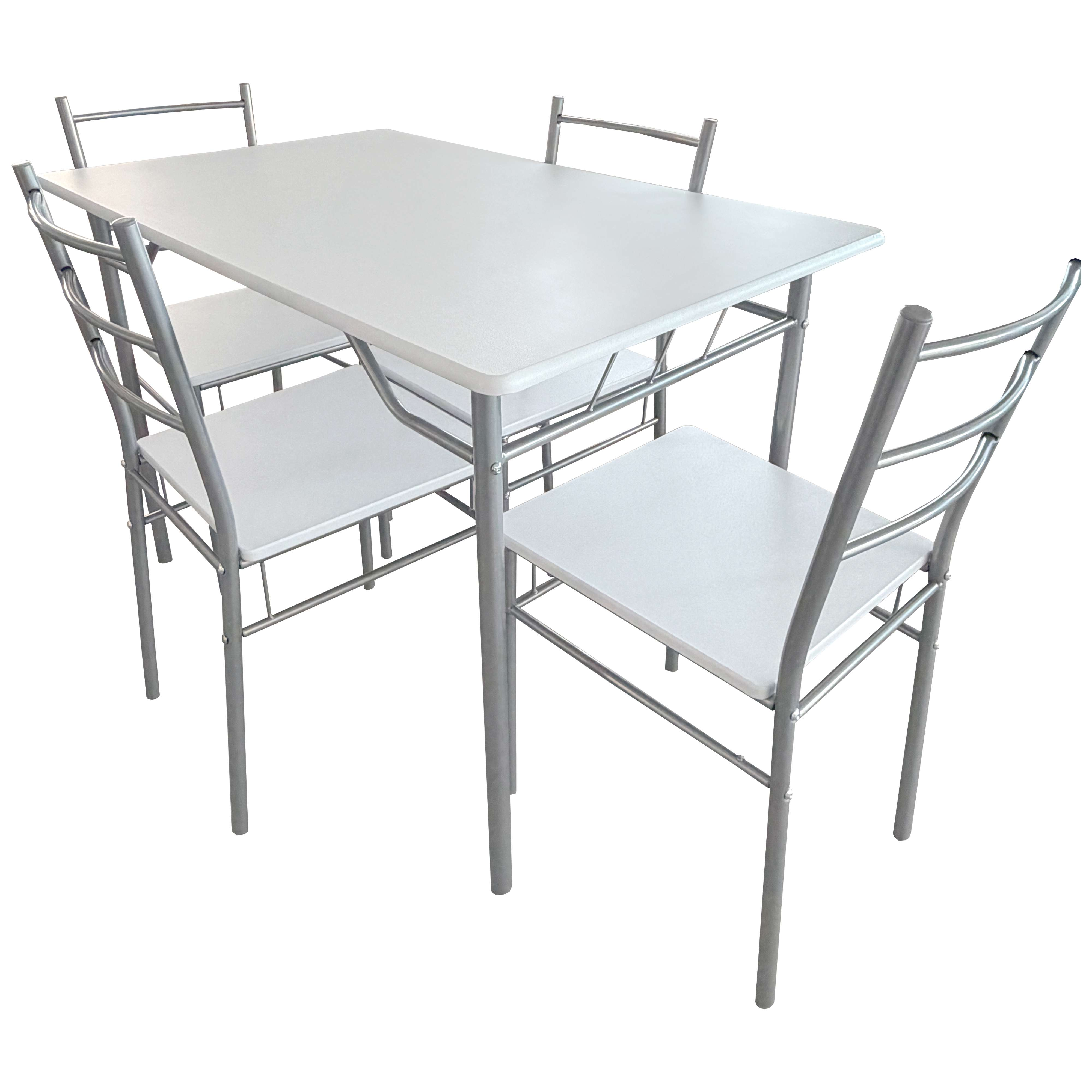 Una mesa de comedor blanca con cuatro sillas de estructura metálica.