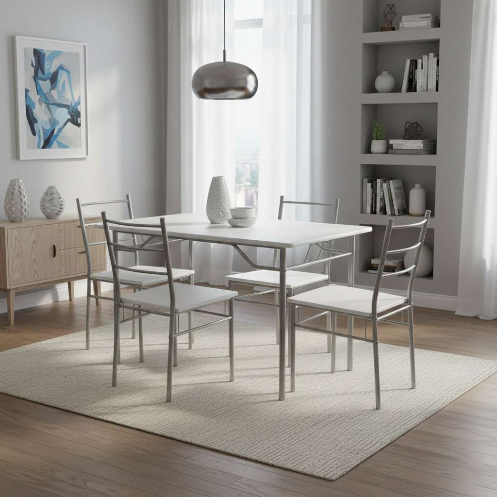 Una mesa de comedor con cuatro sillas blancas sobre una alfombra crema.
