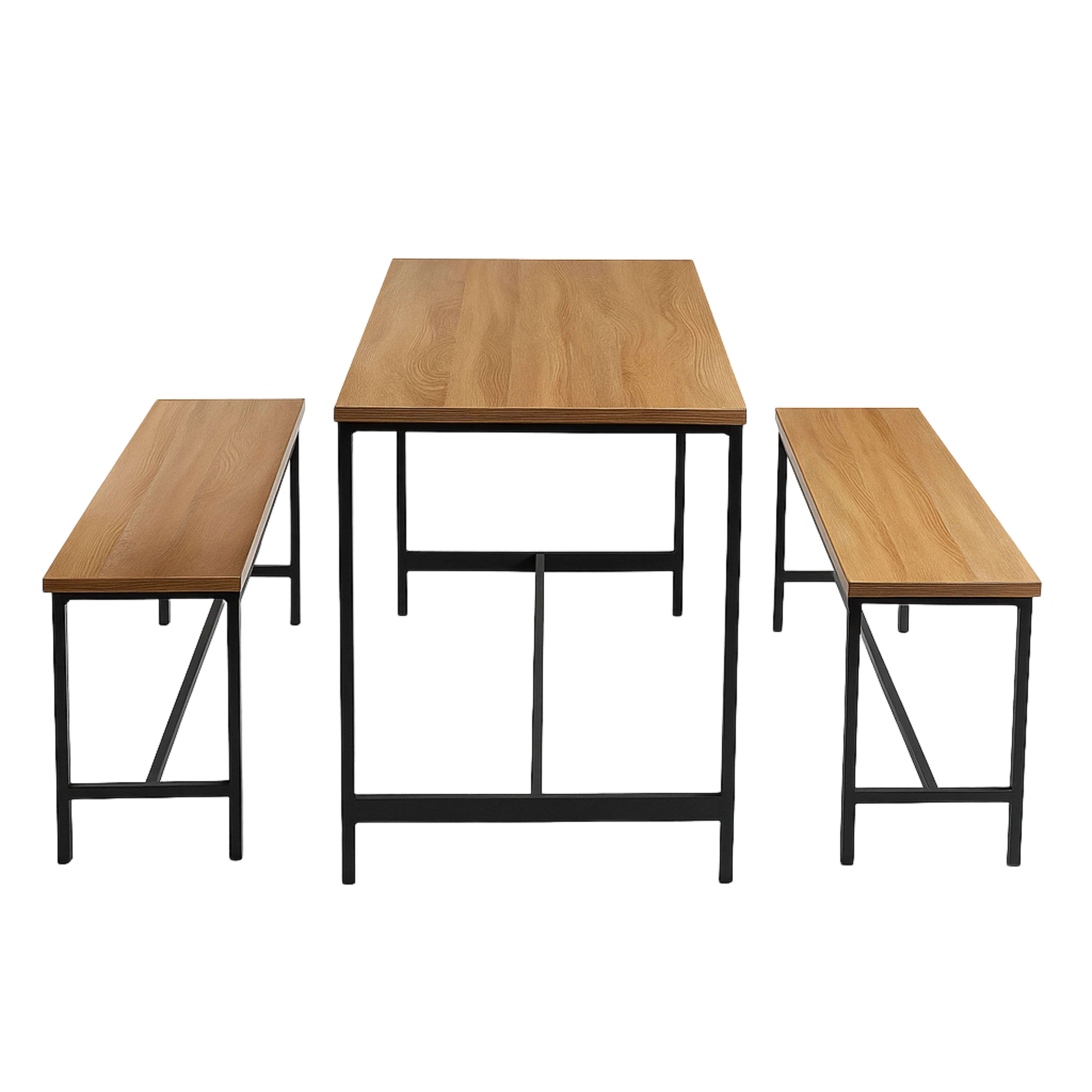 Una mesa de comedor de madera con dos bancos, todo sobre patas de metal negro.