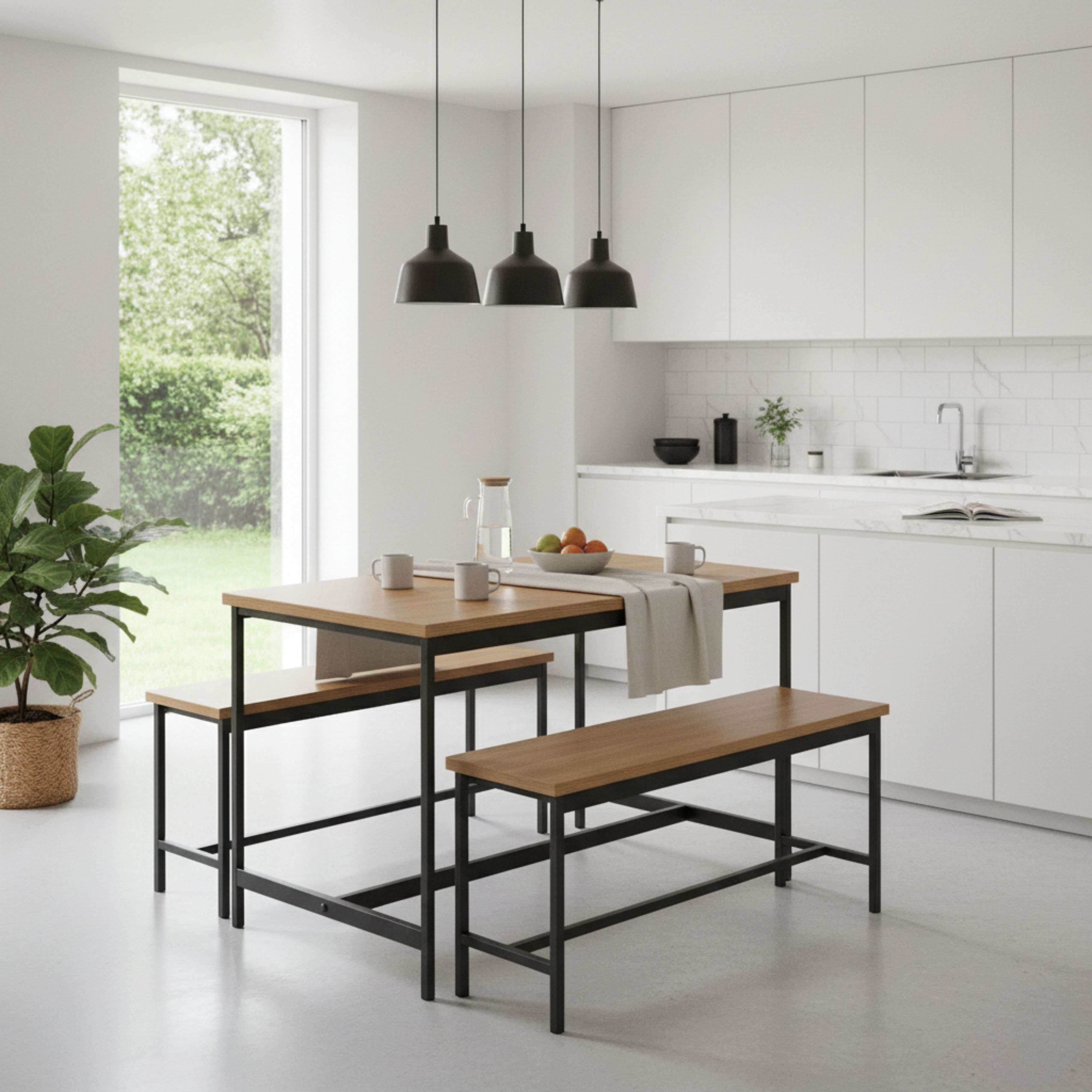 Cocina moderna con mesa de madera, bancos, fruta y planta en maceta.