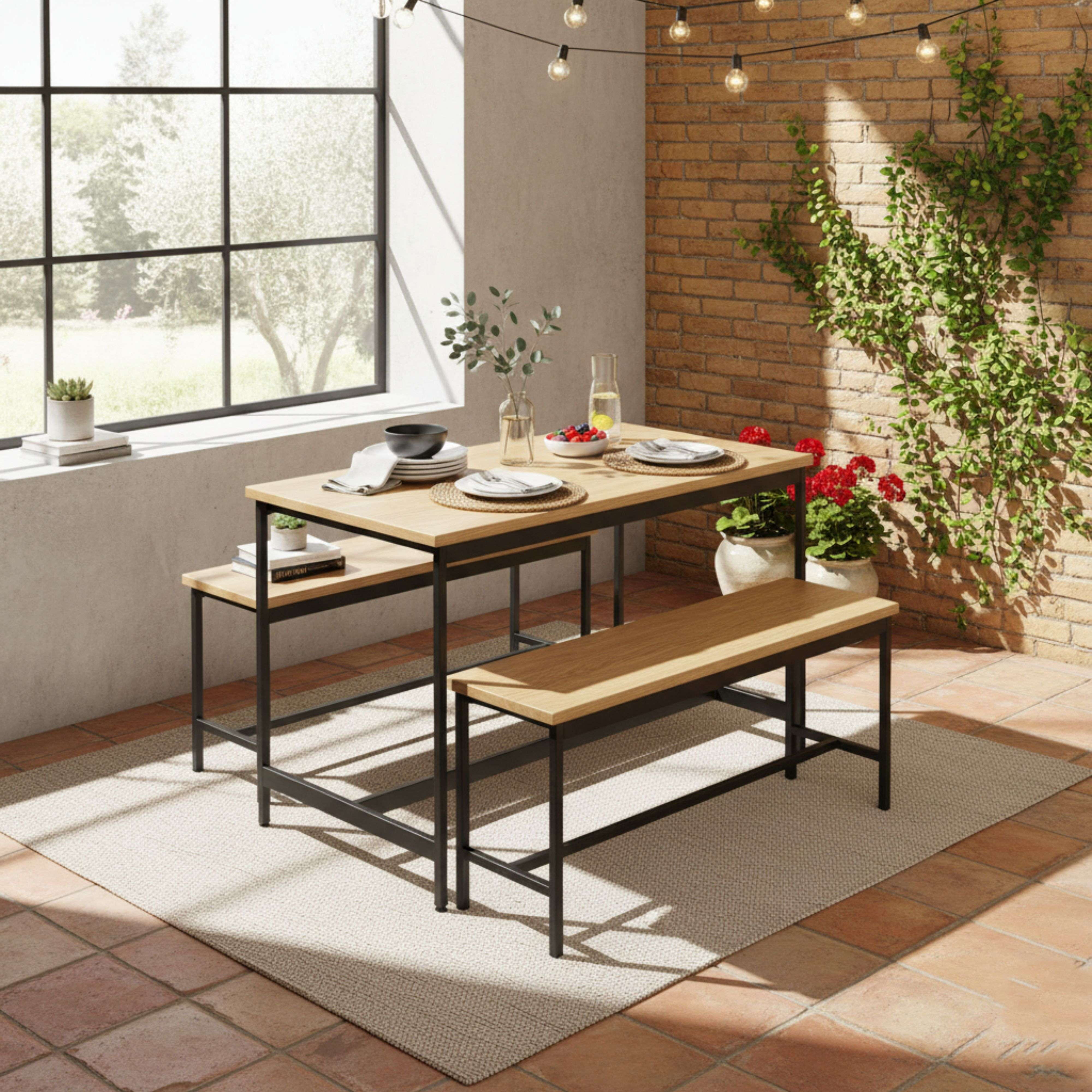 Un juego de comedor exterior con mesa de madera, bancos y luces.