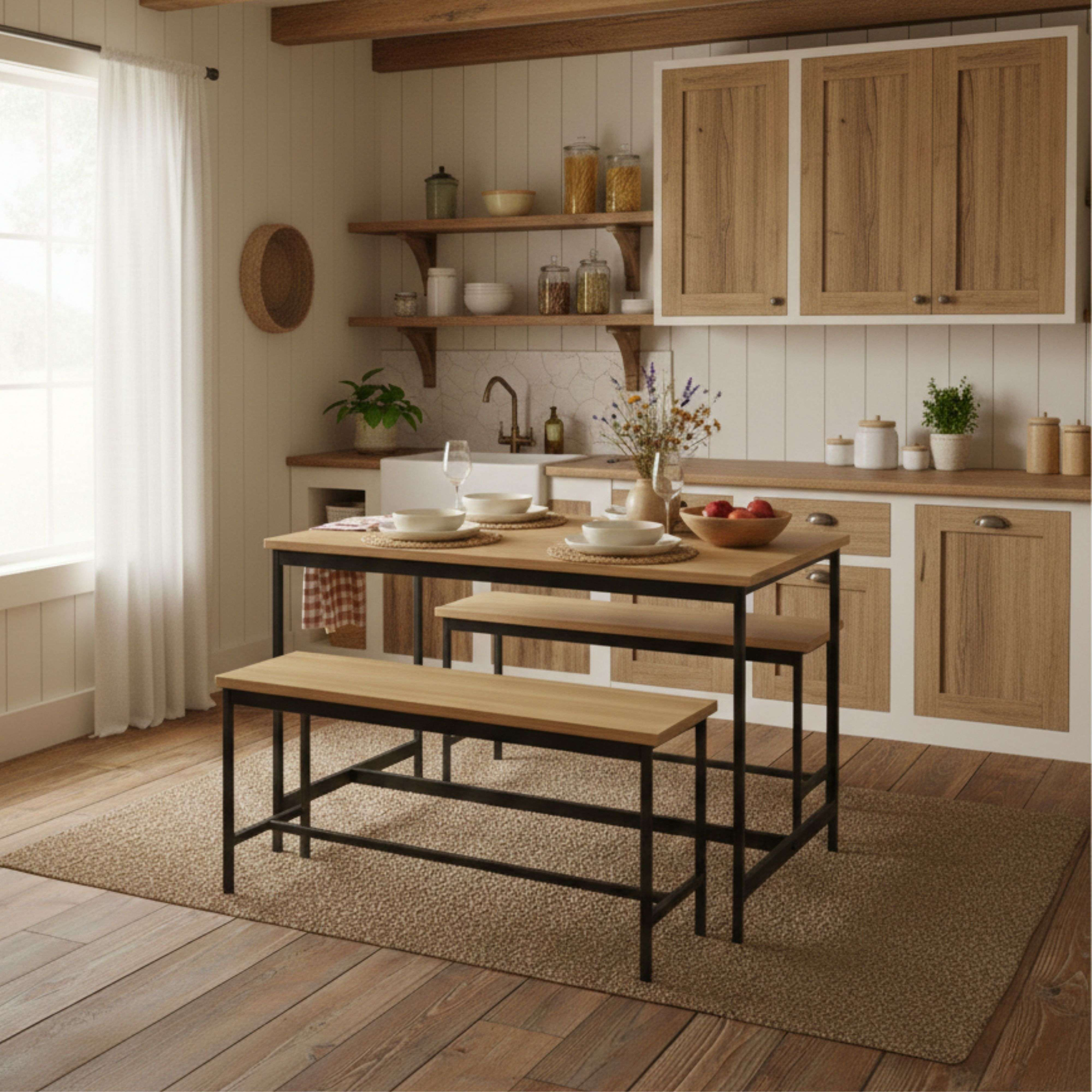 Mesa de cocina de madera con dos bancos, fregadero y armarios cerca.