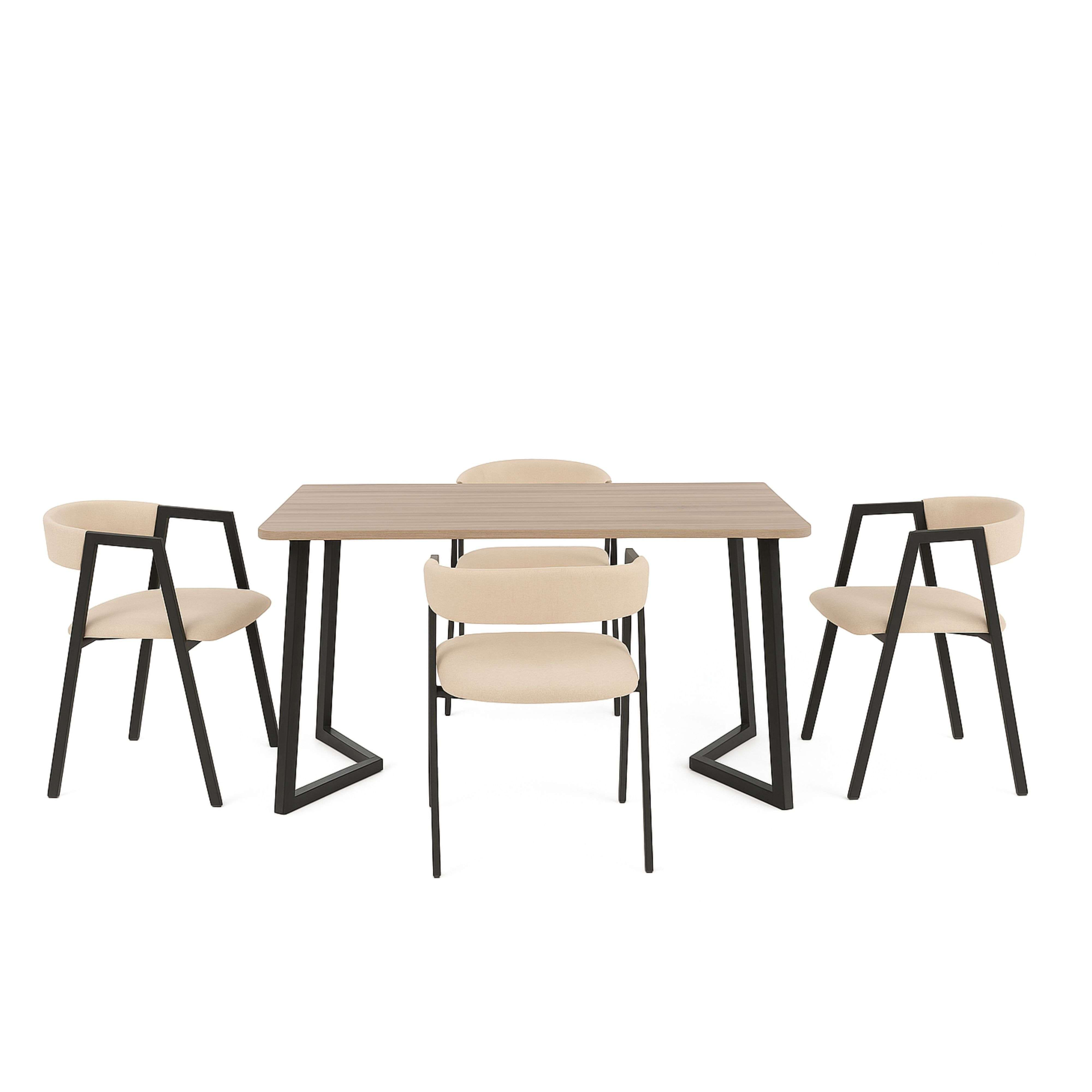 Una mesa de madera con cuatro sillas beige claro con patas de metal negro.