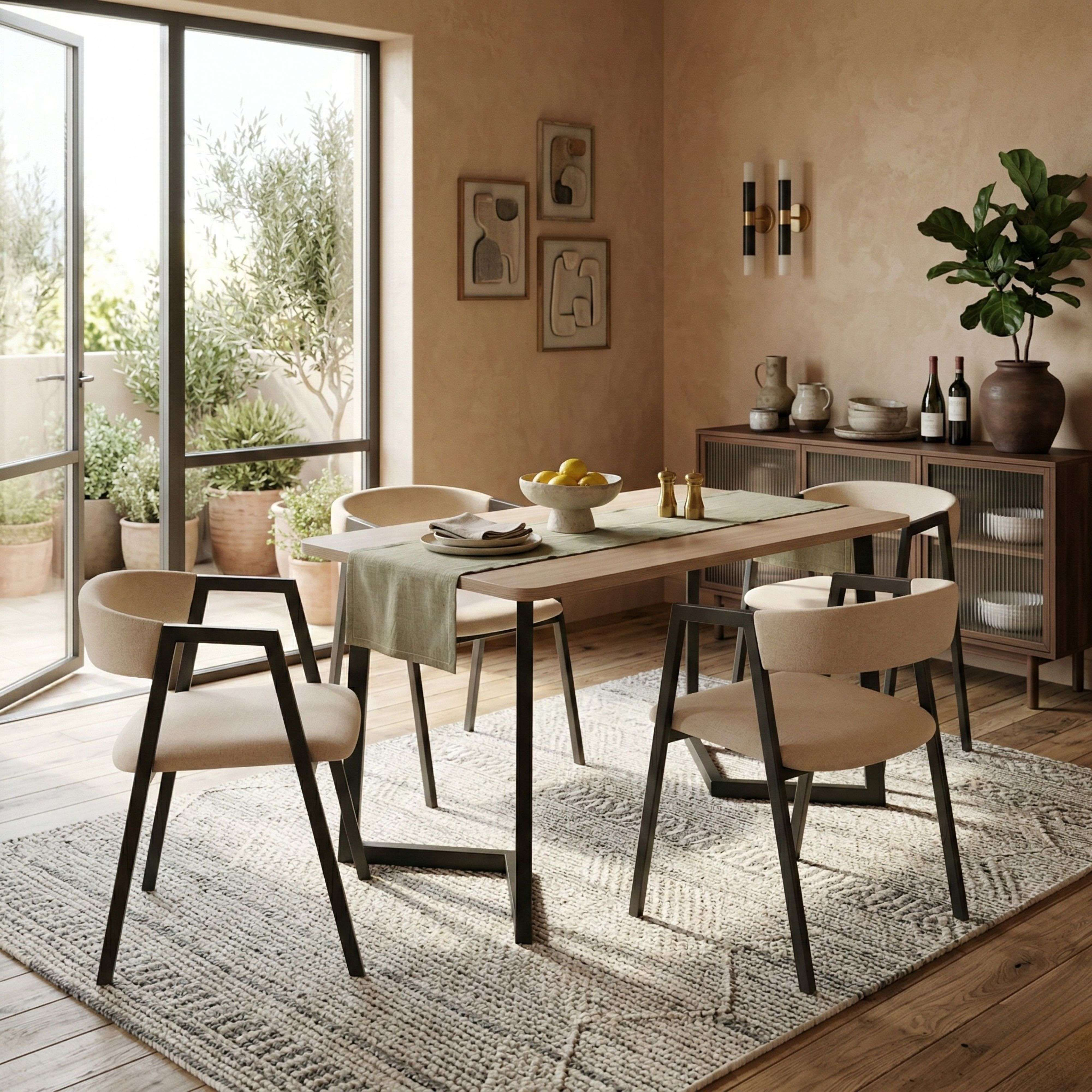 Comedor con mesa de madera, cuatro sillas, aparador y plantas.