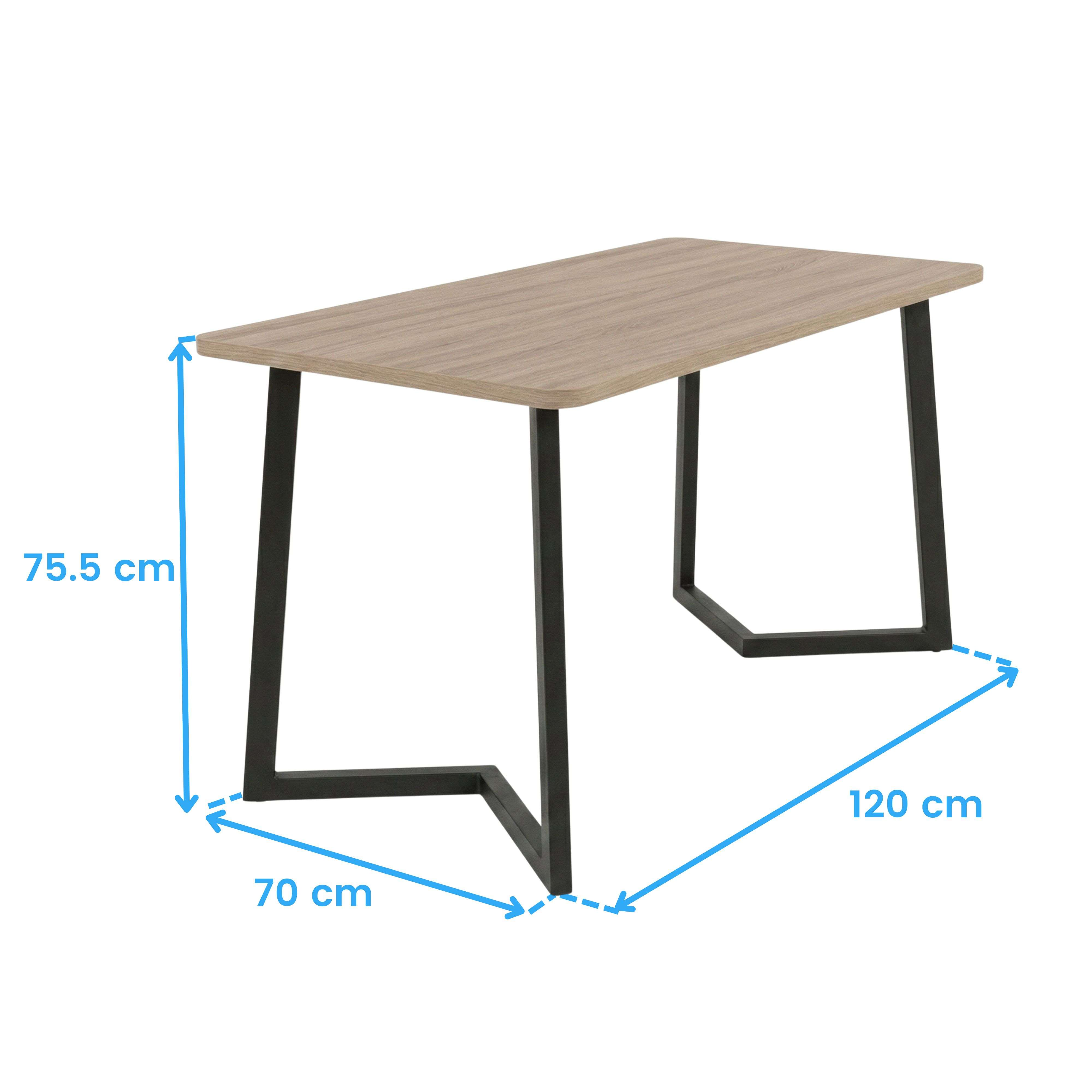Una mesa de madera con patas de metal negro, dimensiones 120x70x75,5 cm.