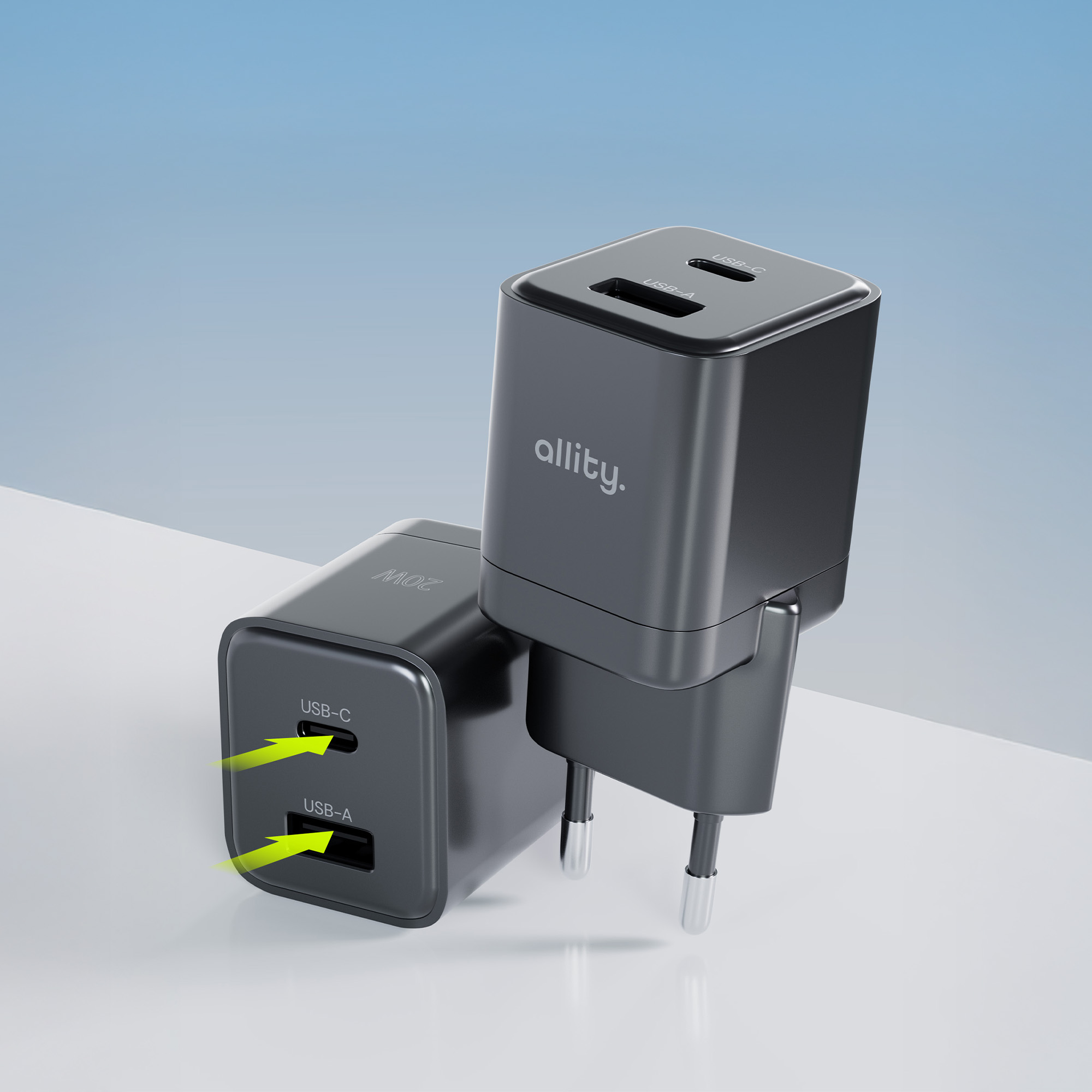Due caricatori USB neri, uno con porta USB-C e uno USB-A.