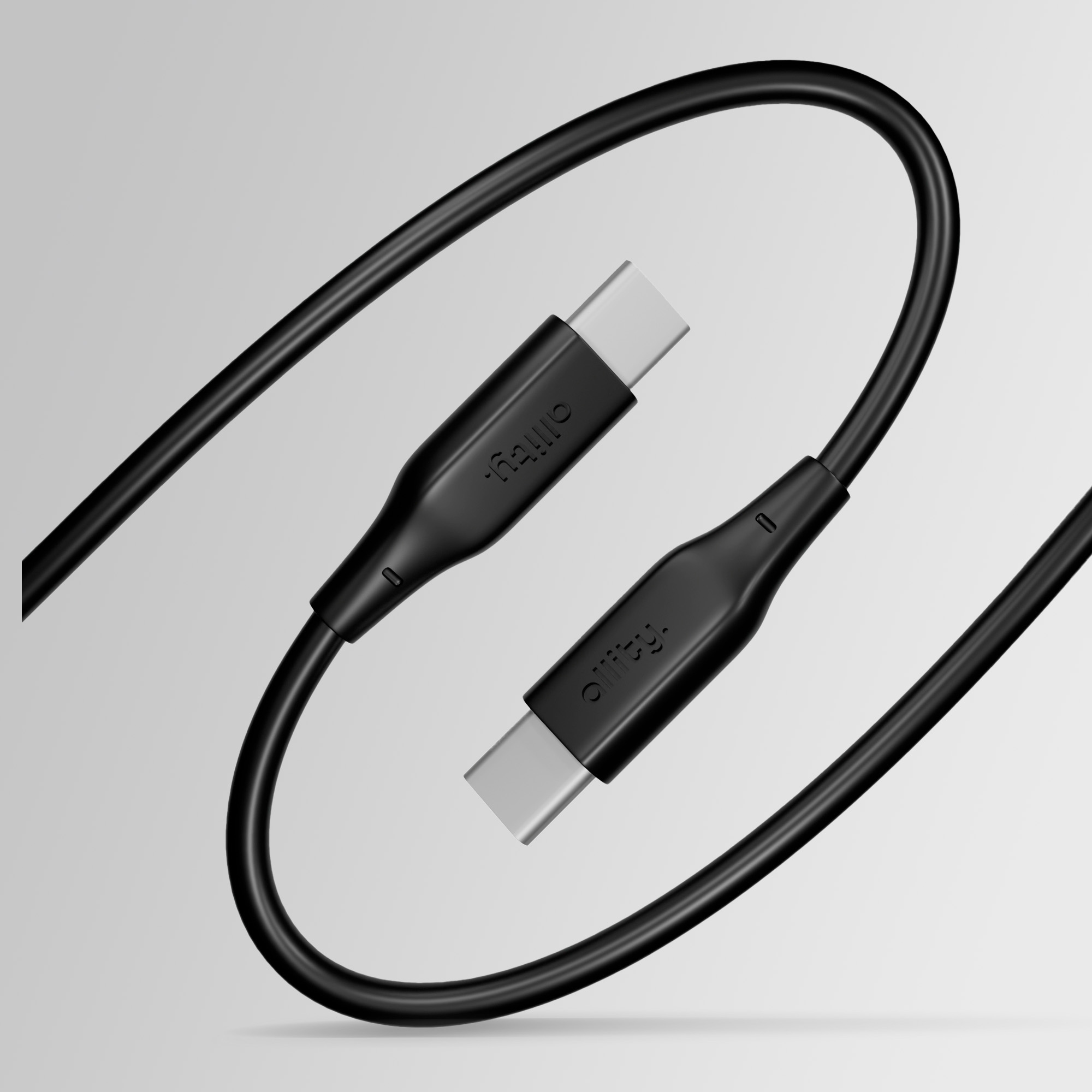 Un cavo USB-C nero con due connettori su sfondo grigio.