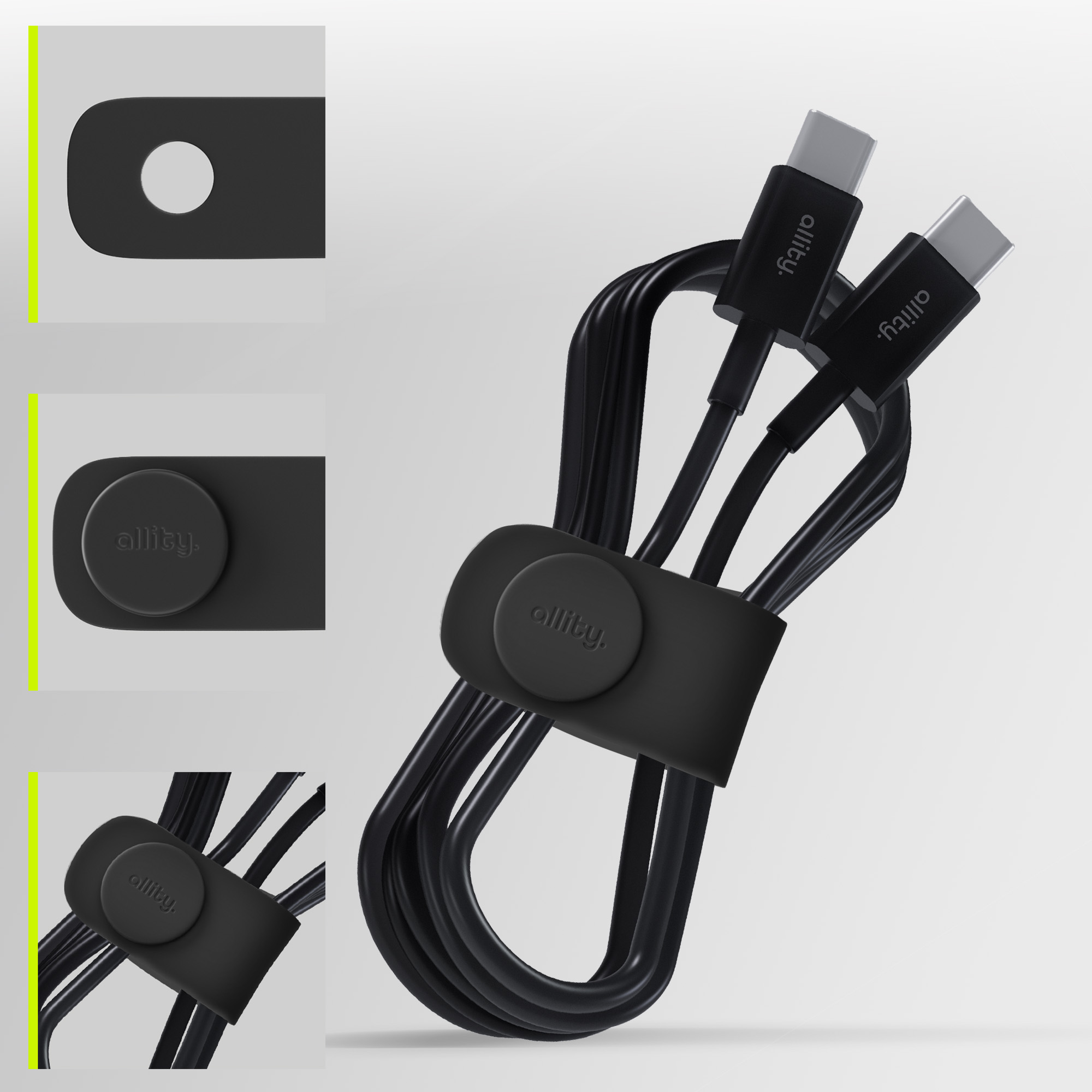 Cavo nero con due connettori USB-C, tenuto da una cinghia nera con logo.