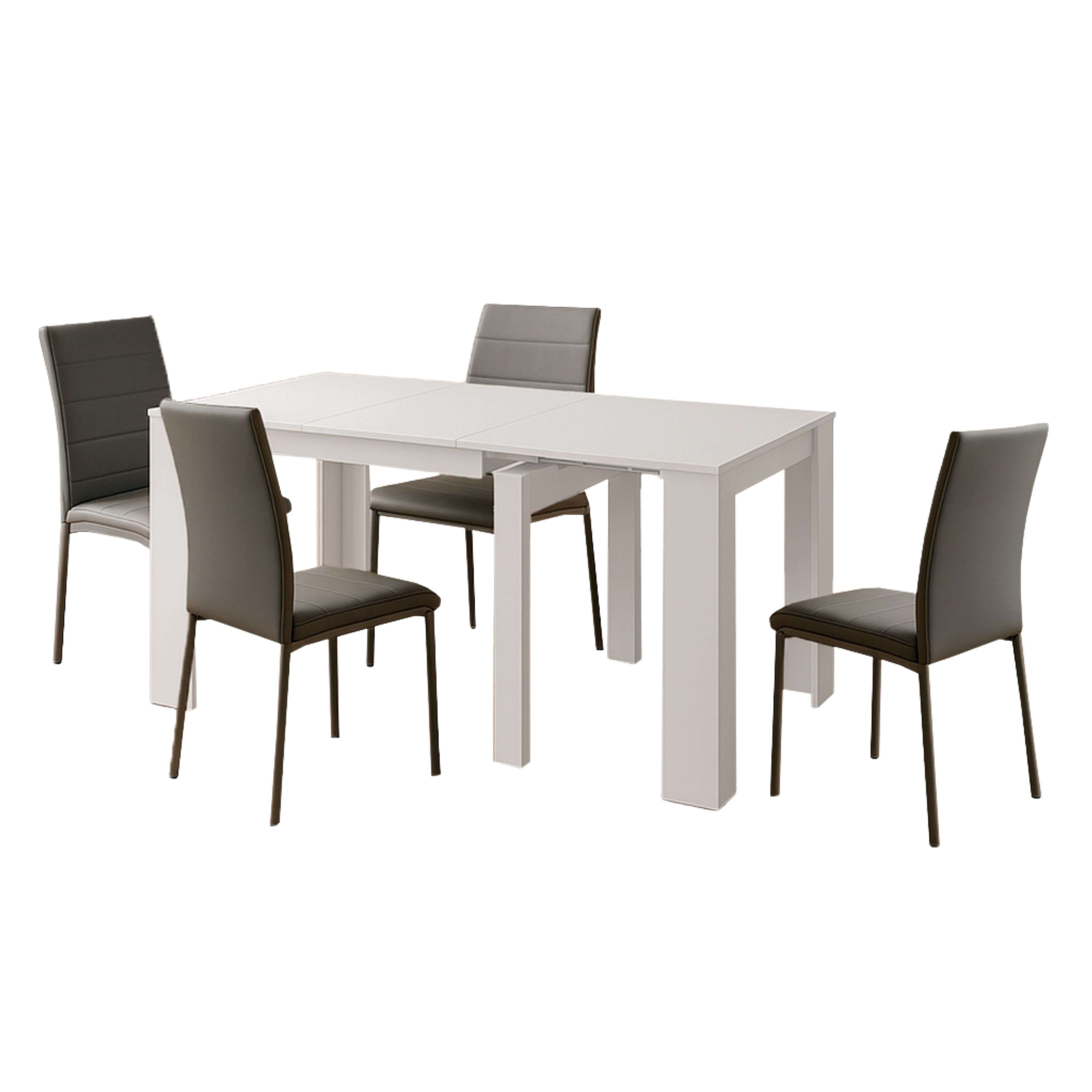 Una mesa de comedor extensible blanca con cuatro sillas grises de polipiel.