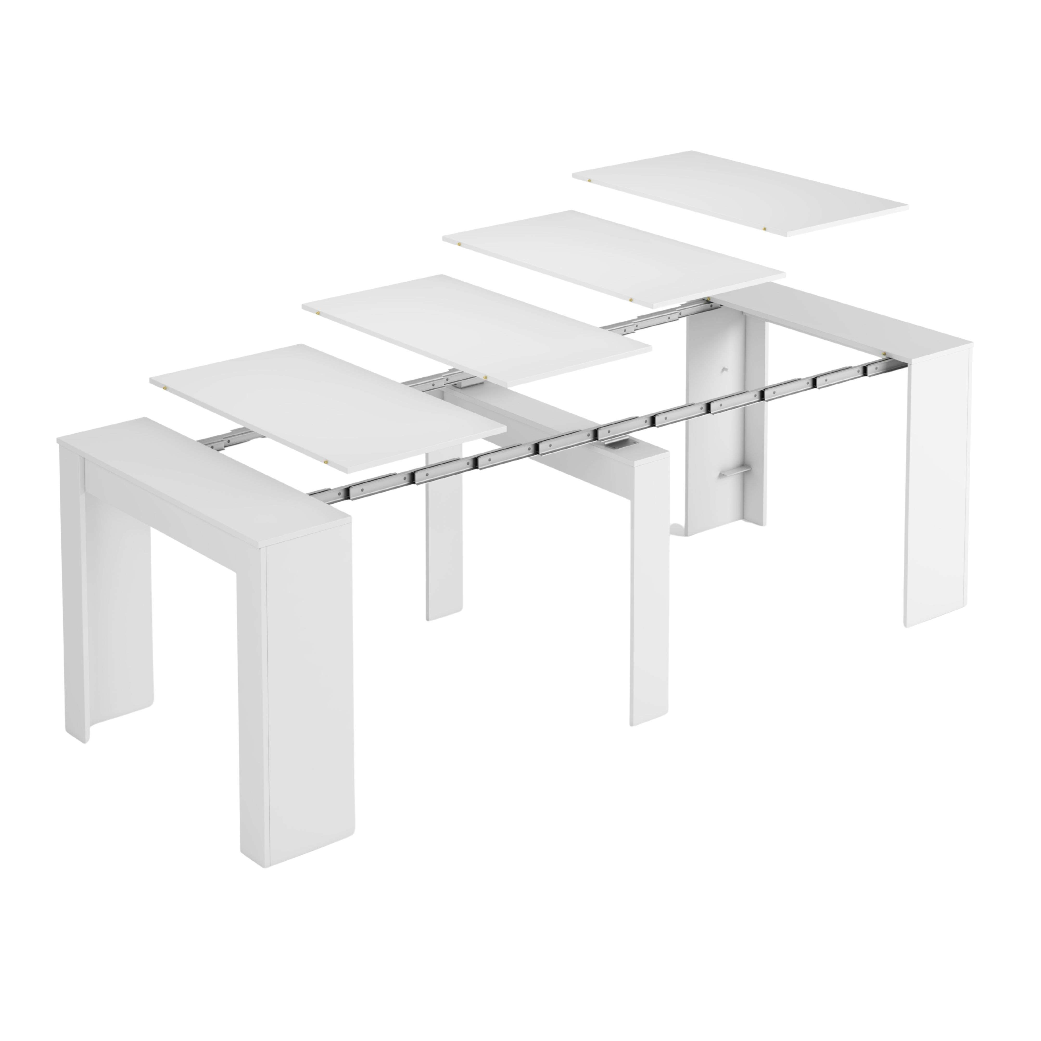Una mesa extensible blanca con sus extensiones desplegadas y rieles metálicos.