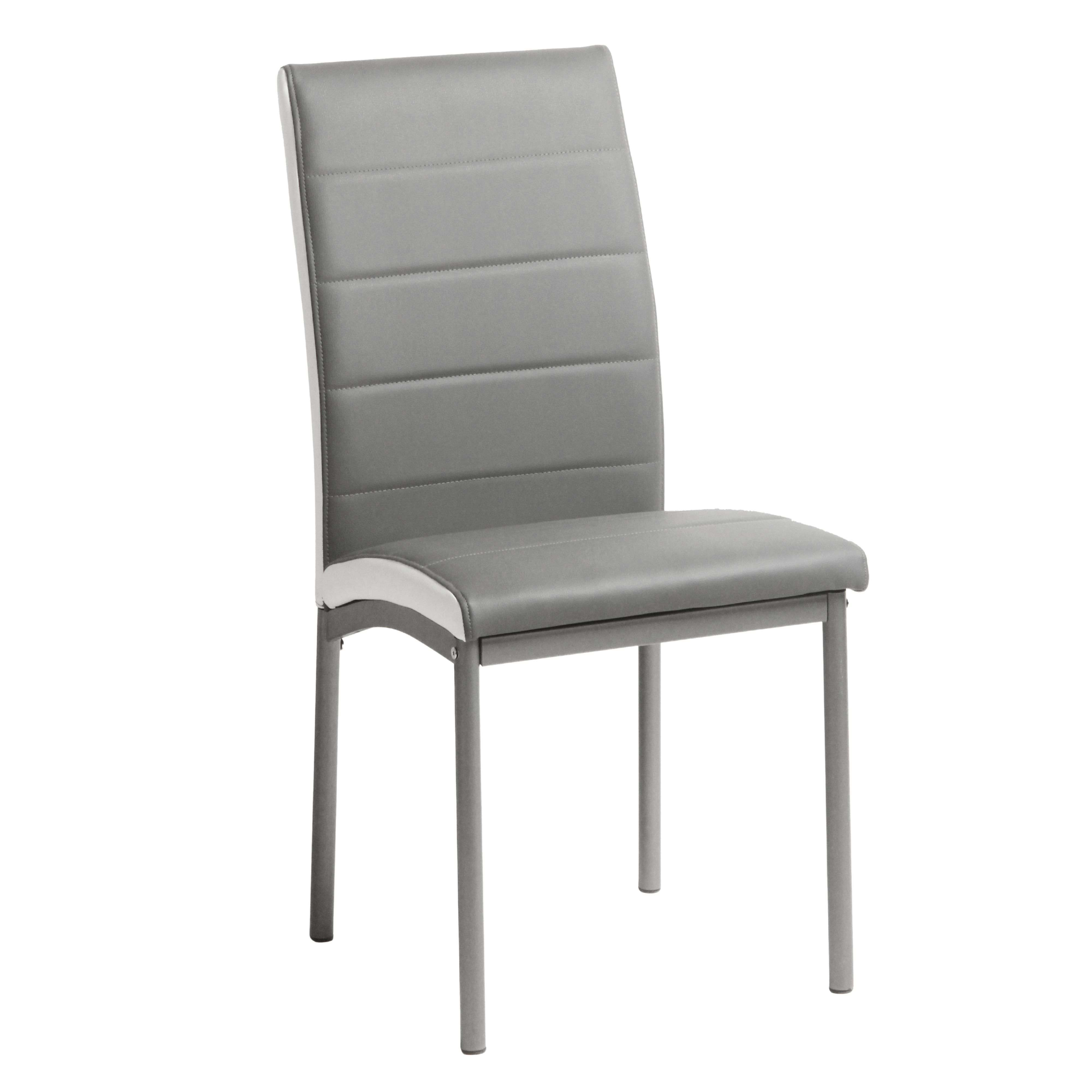 Una moderna silla gris de cuero sintético con patas de metal y asiento acolchado.