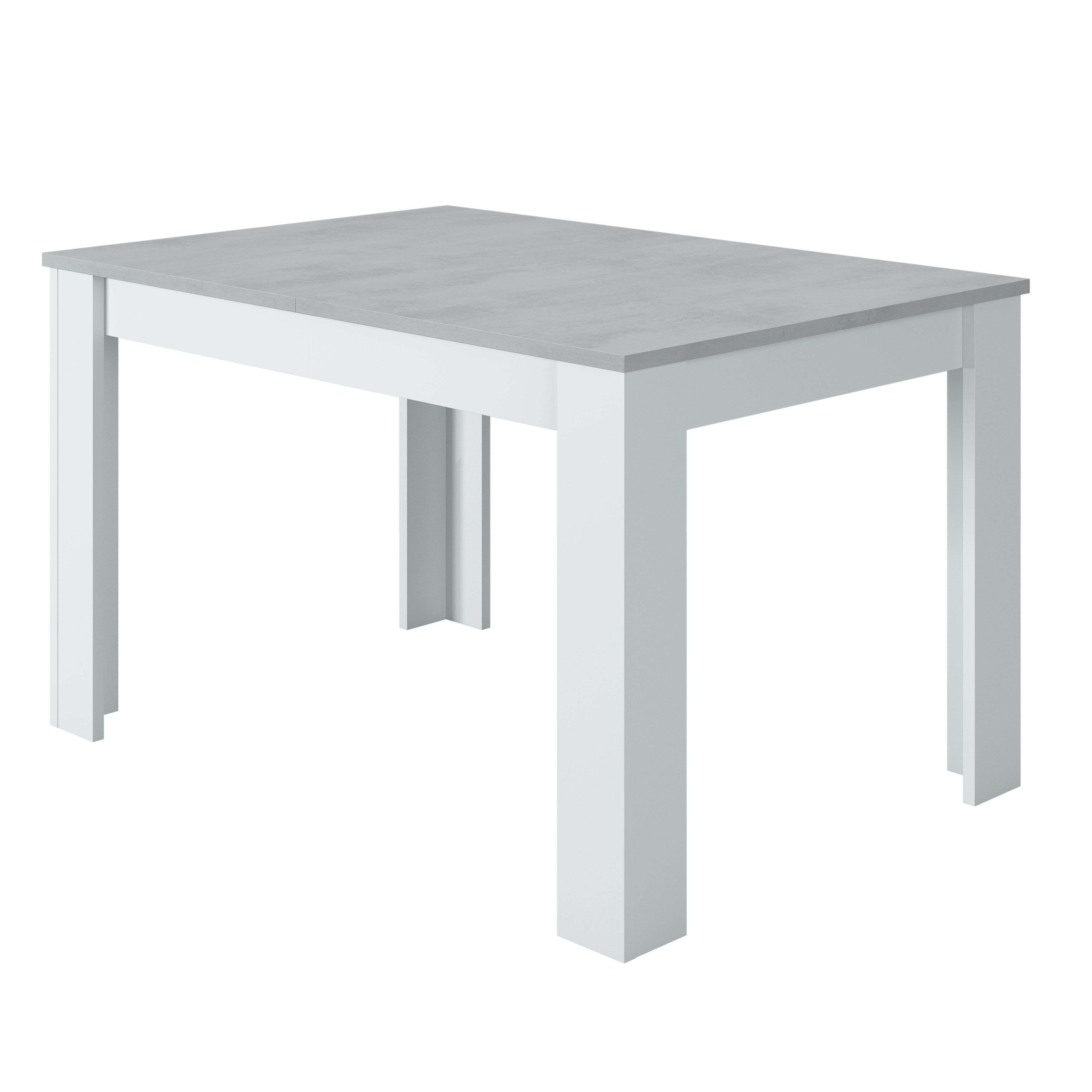 Una mesa rectangular con tablero gris y patas blancas.