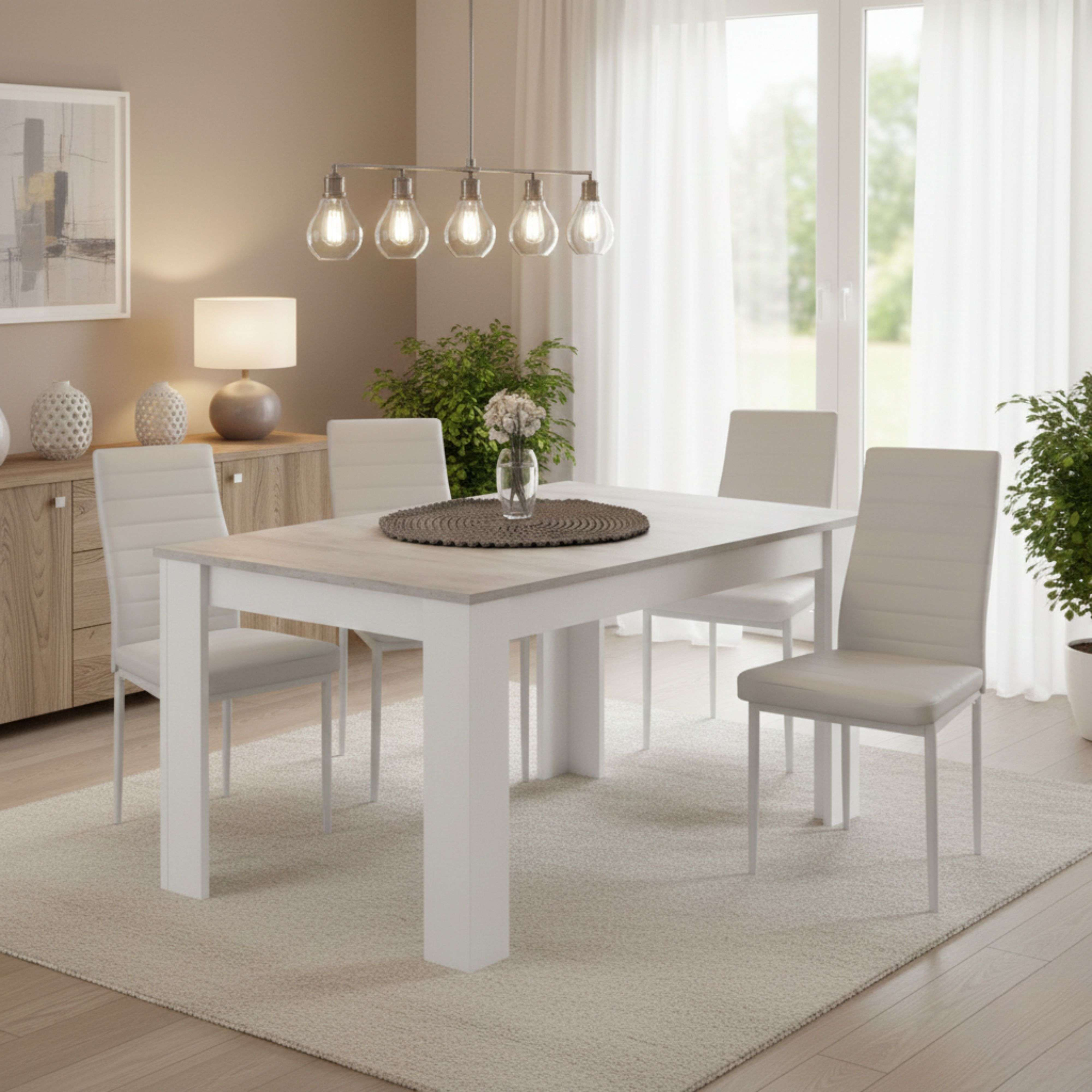 Un comedor con mesa blanca, cuatro sillas, aparador y plantas.