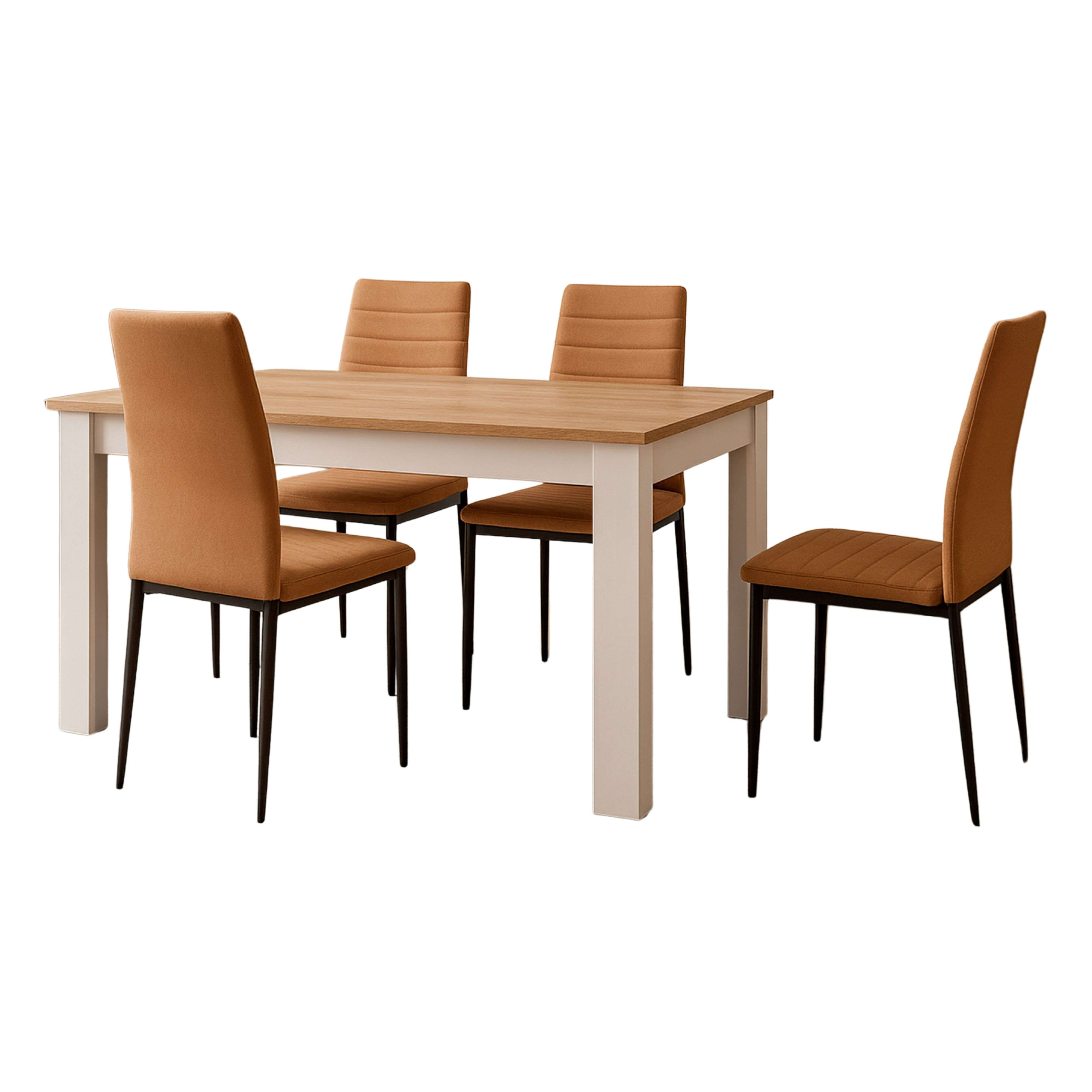 Mesa de comedor de madera con cuatro sillas tapizadas marrones.