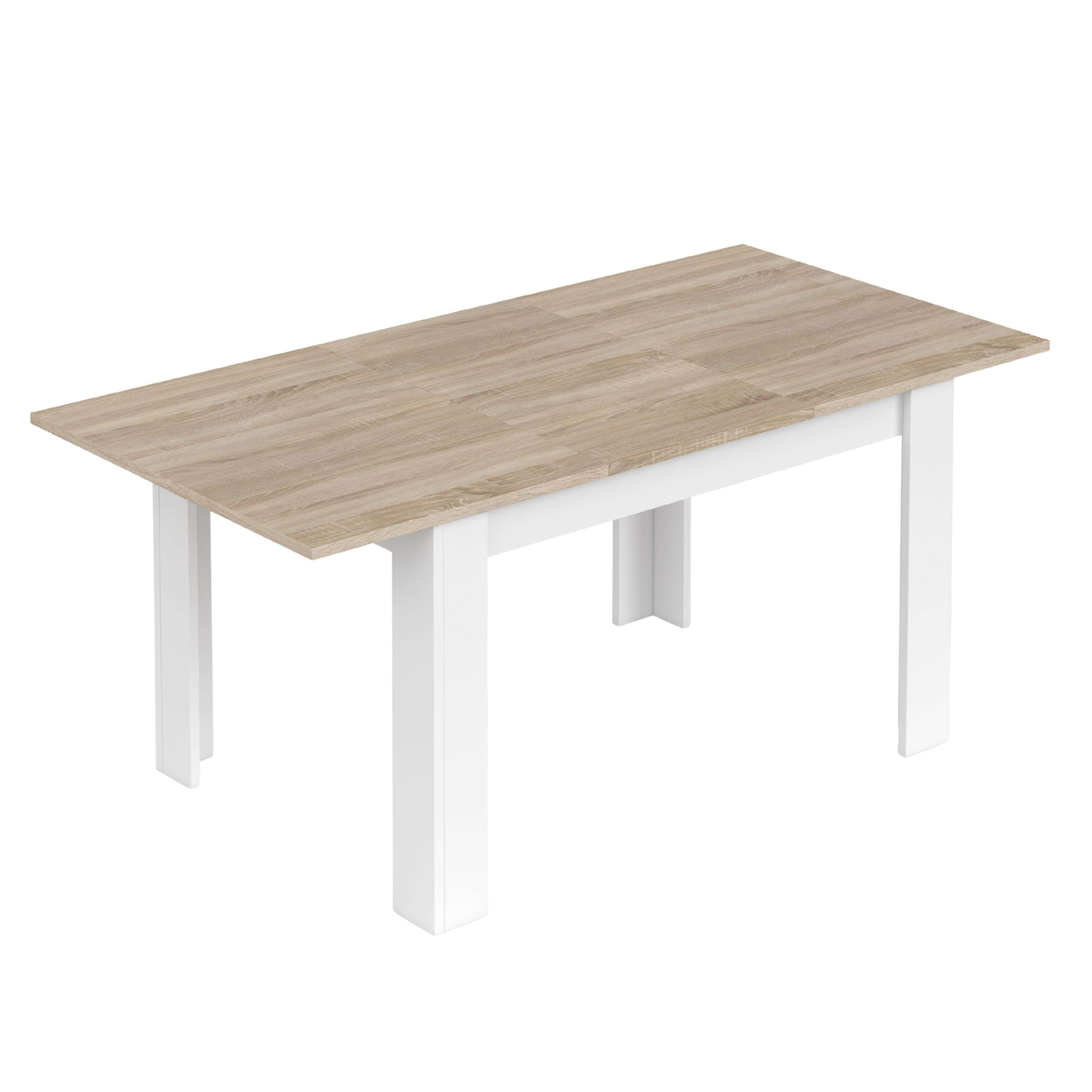 Una mesa rectangular con superficie de madera clara y patas blancas.