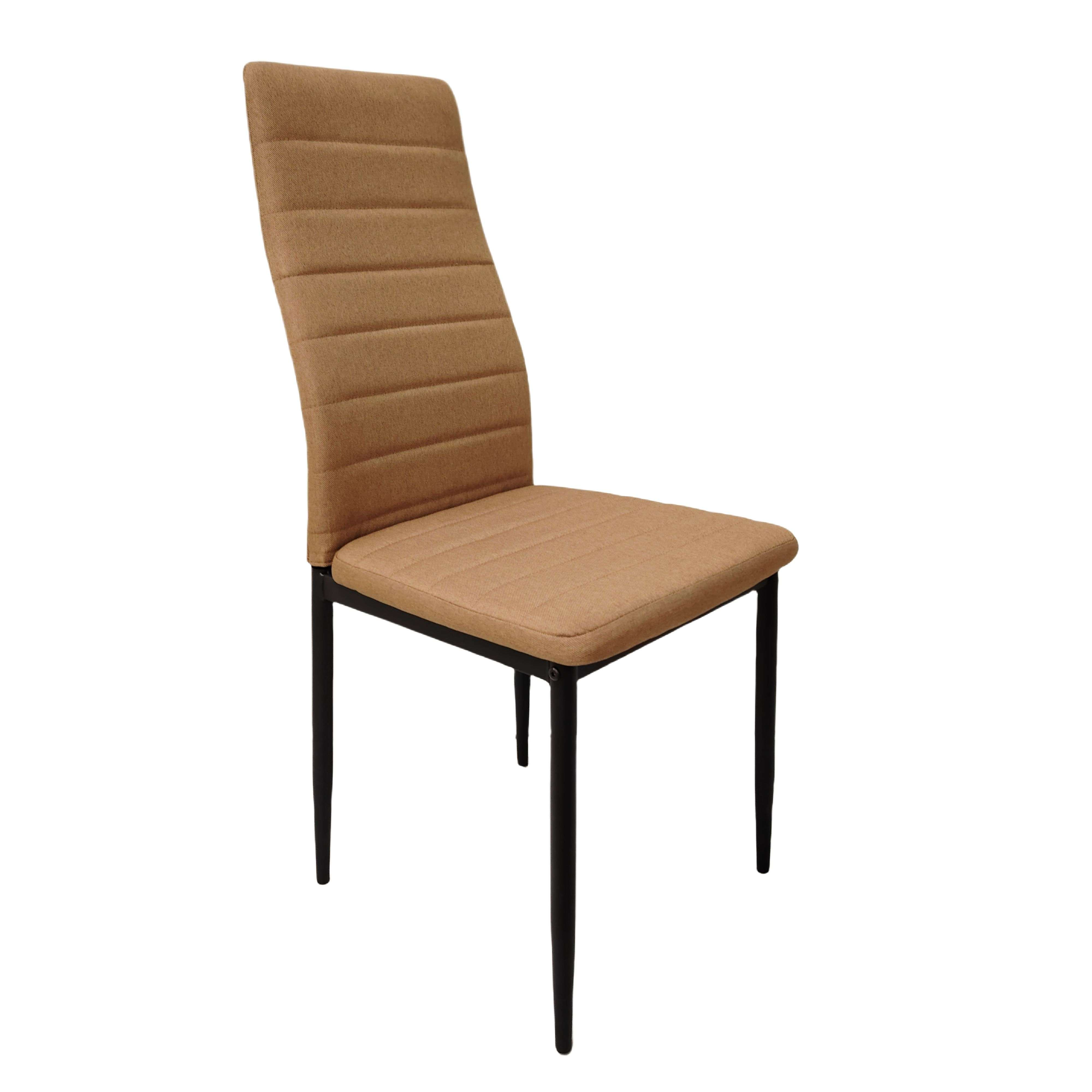 Una silla de tela marrón con patas de metal negras.