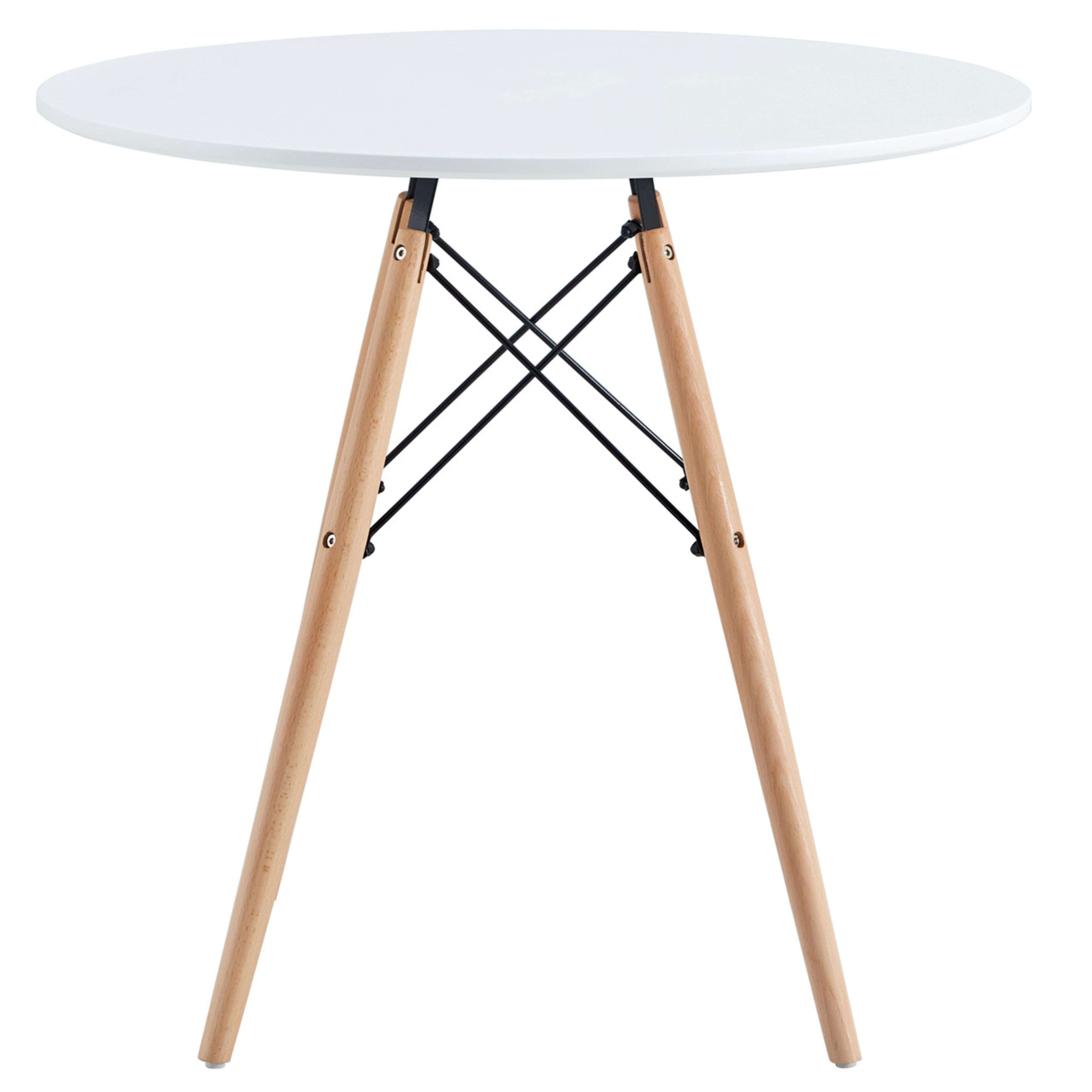 Una mesa redonda blanca con patas de madera y soportes cruzados negros.