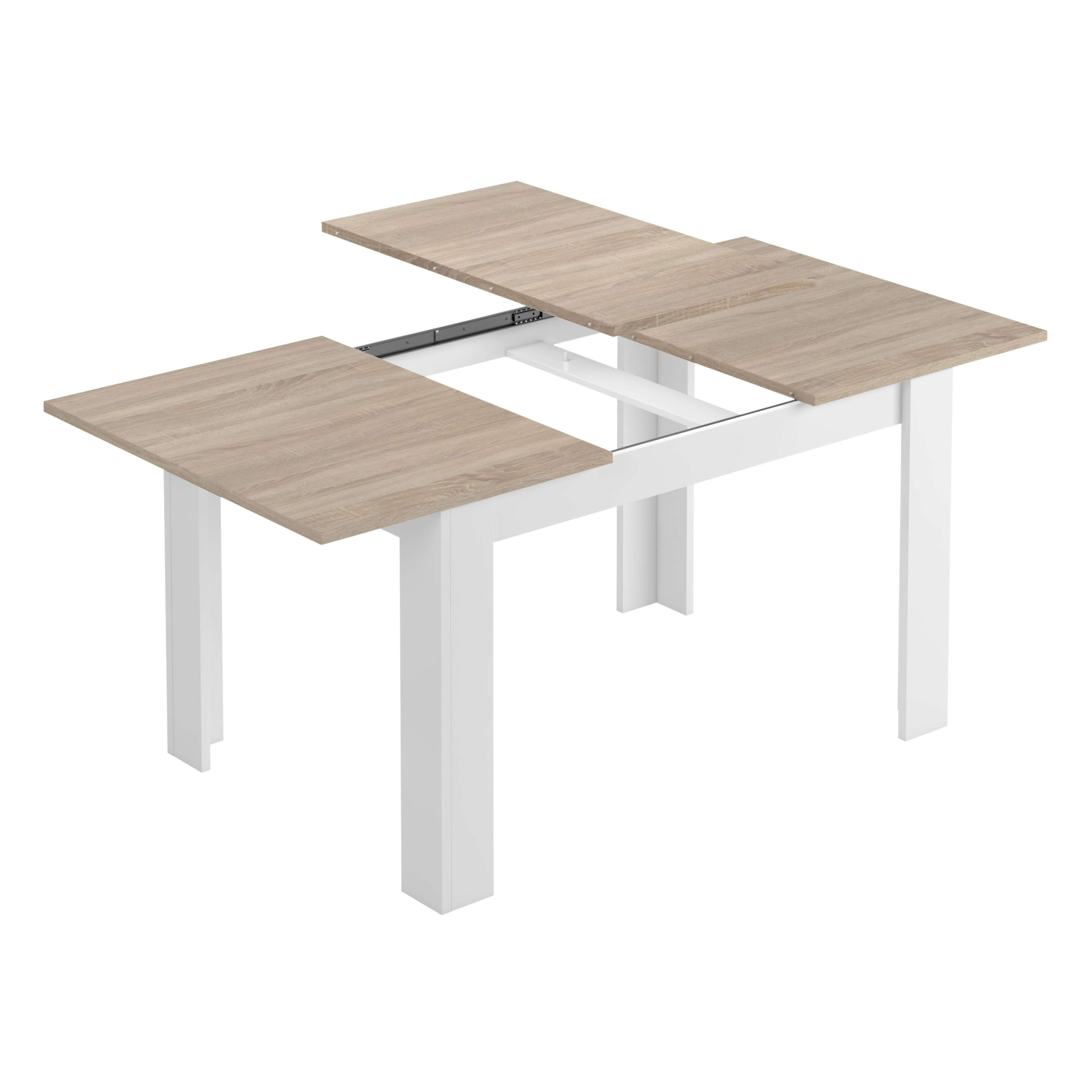 Mesa extensible con tablero de chapa de madera clara y patas blancas.