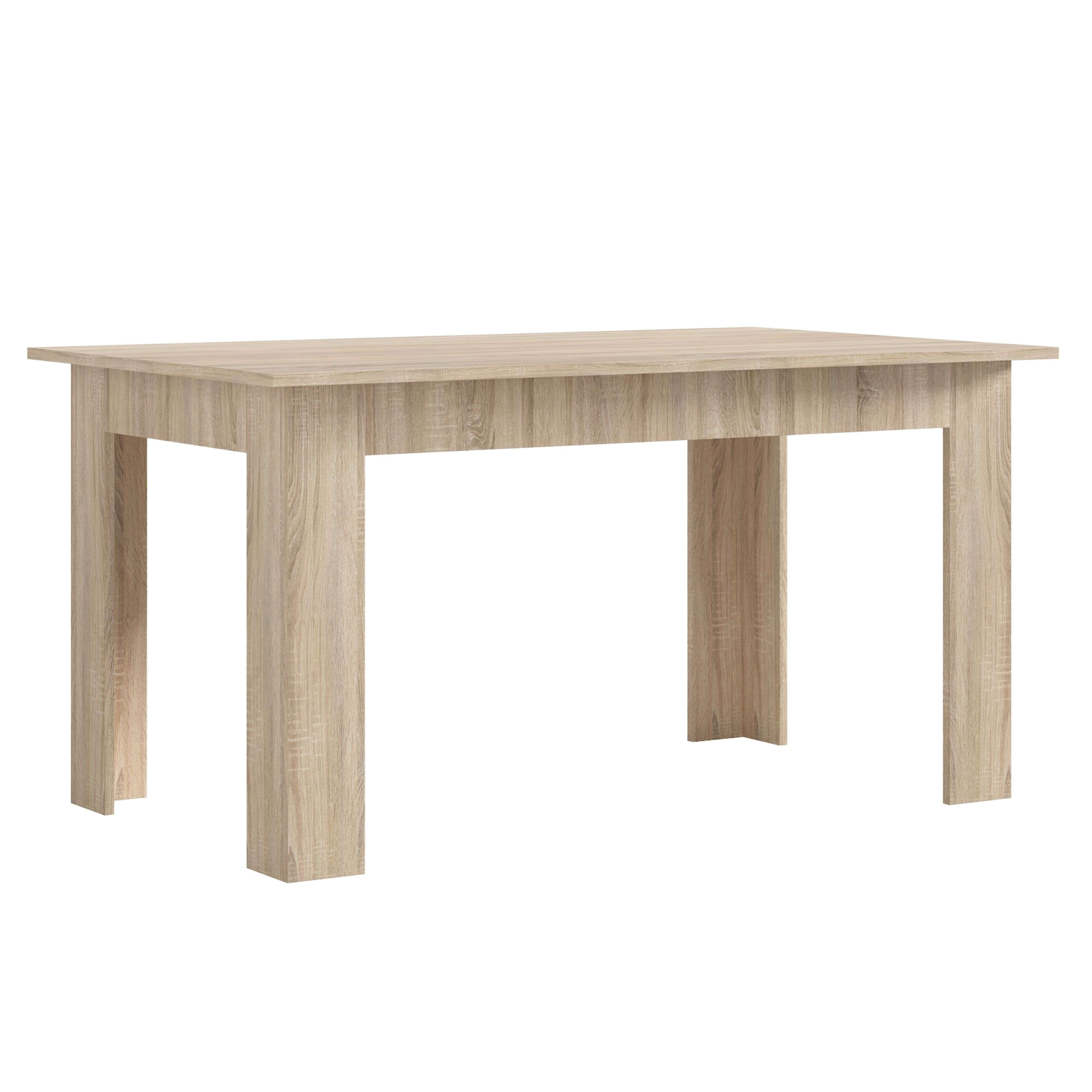 Una mesa de madera clara con cuatro patas y tablero rectangular.