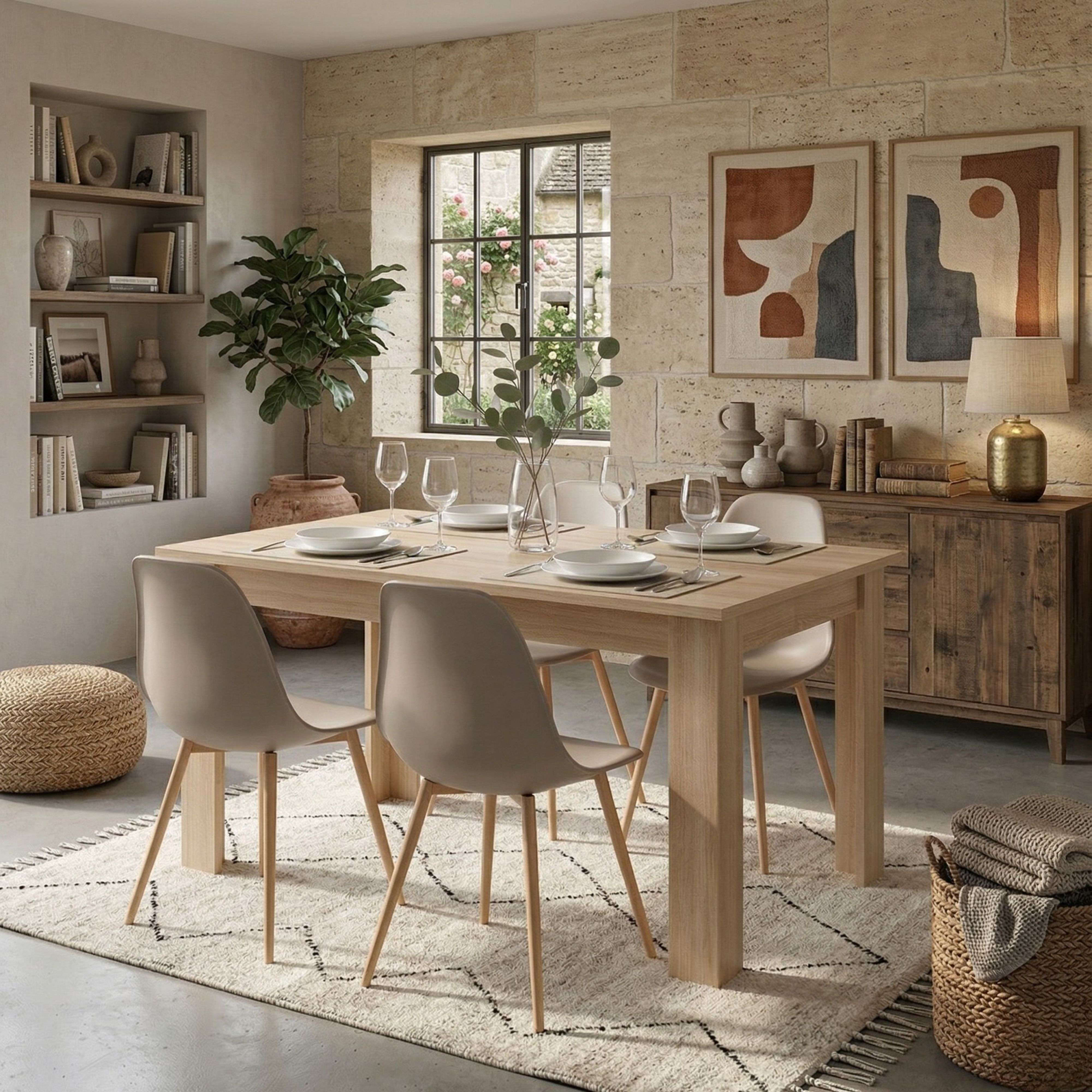 Un comedor con mesa de madera, cuatro sillas, un aparador y cuadros en la pared.