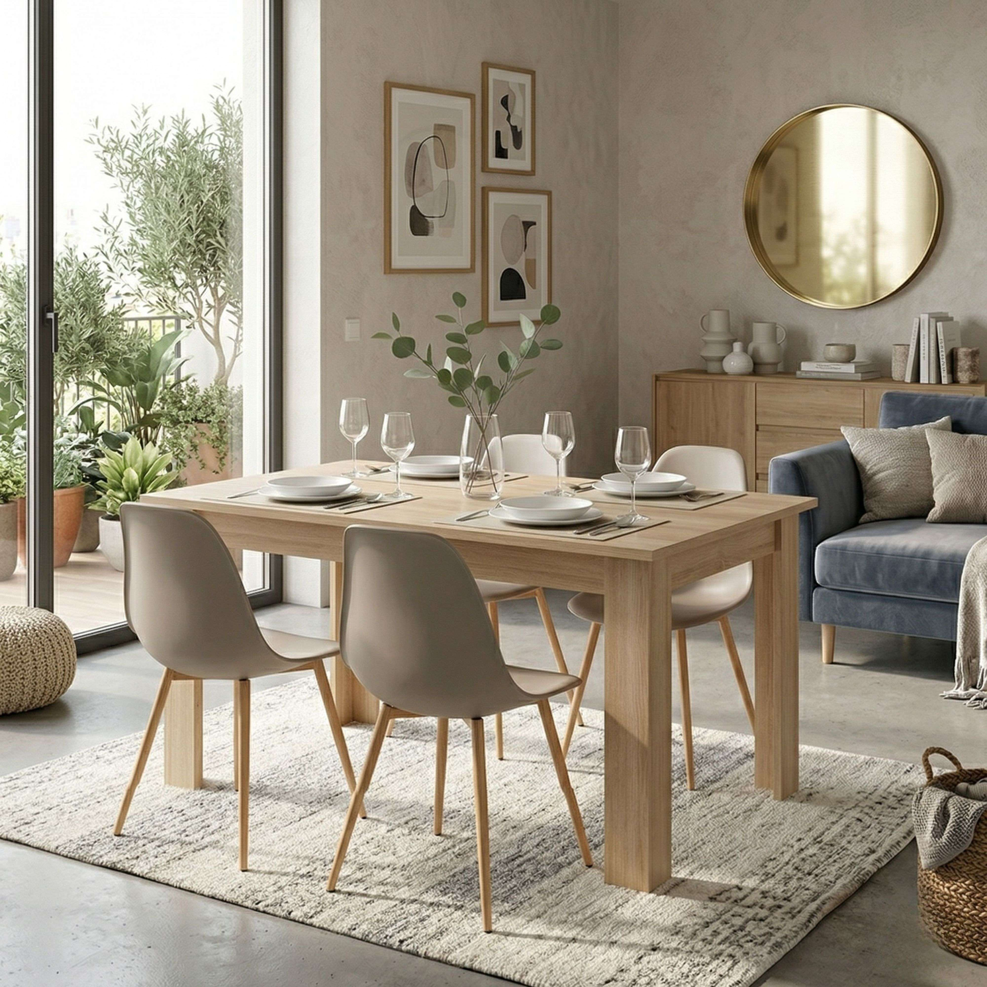 Mesa de comedor de madera clara con sillas y sofá cercano, puesta para una comida.