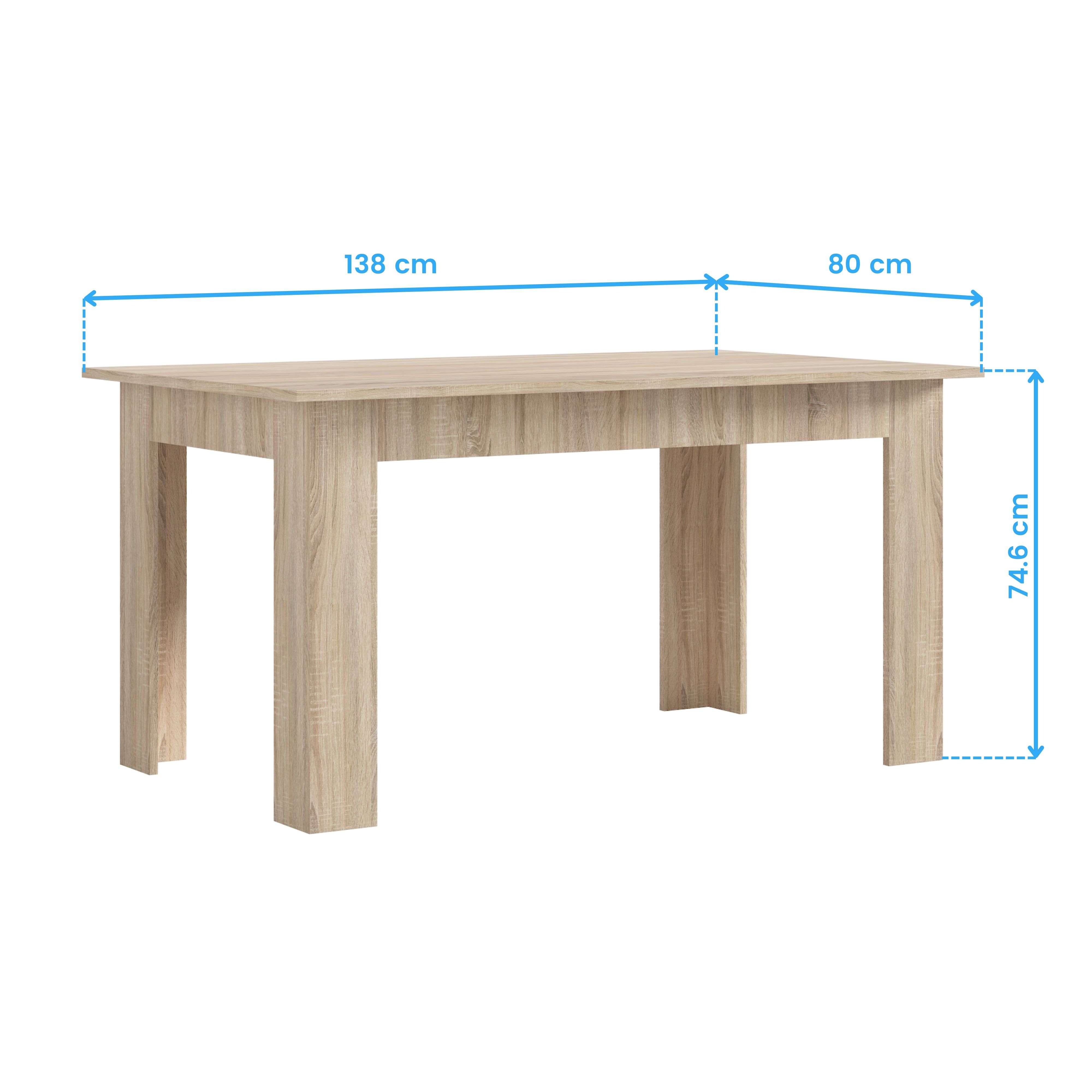 Mesa de comedor de madera, 138 cm de largo, 80 cm de ancho y 74,6 cm de alto.