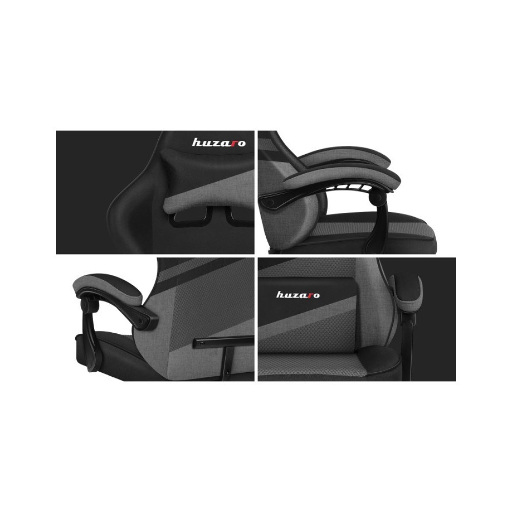 Cztery zbliżenia szarego i czarnego fotela z logo 'huzaro'.