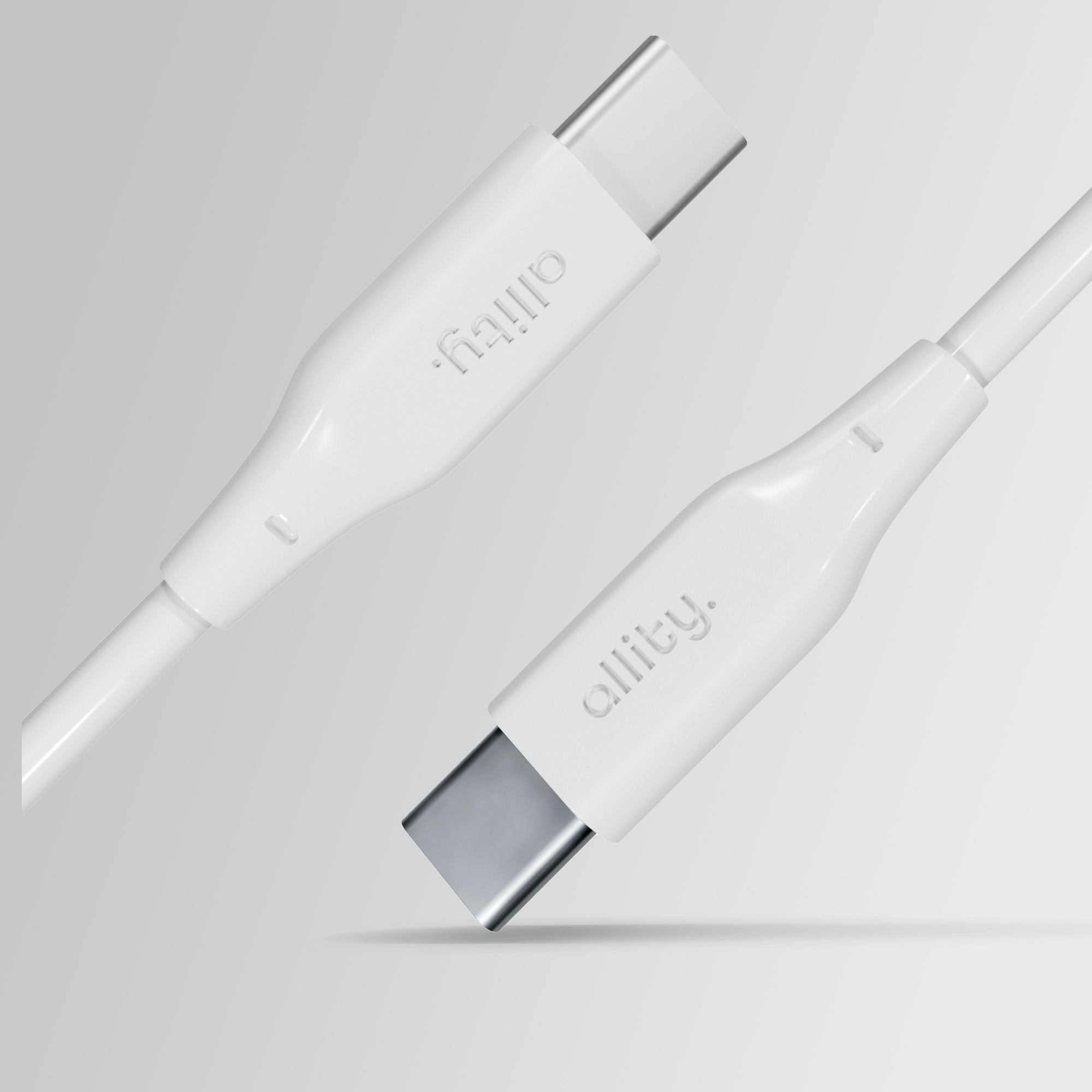 Due cavi USB-C bianchi con connettori argentati su sfondo grigio.