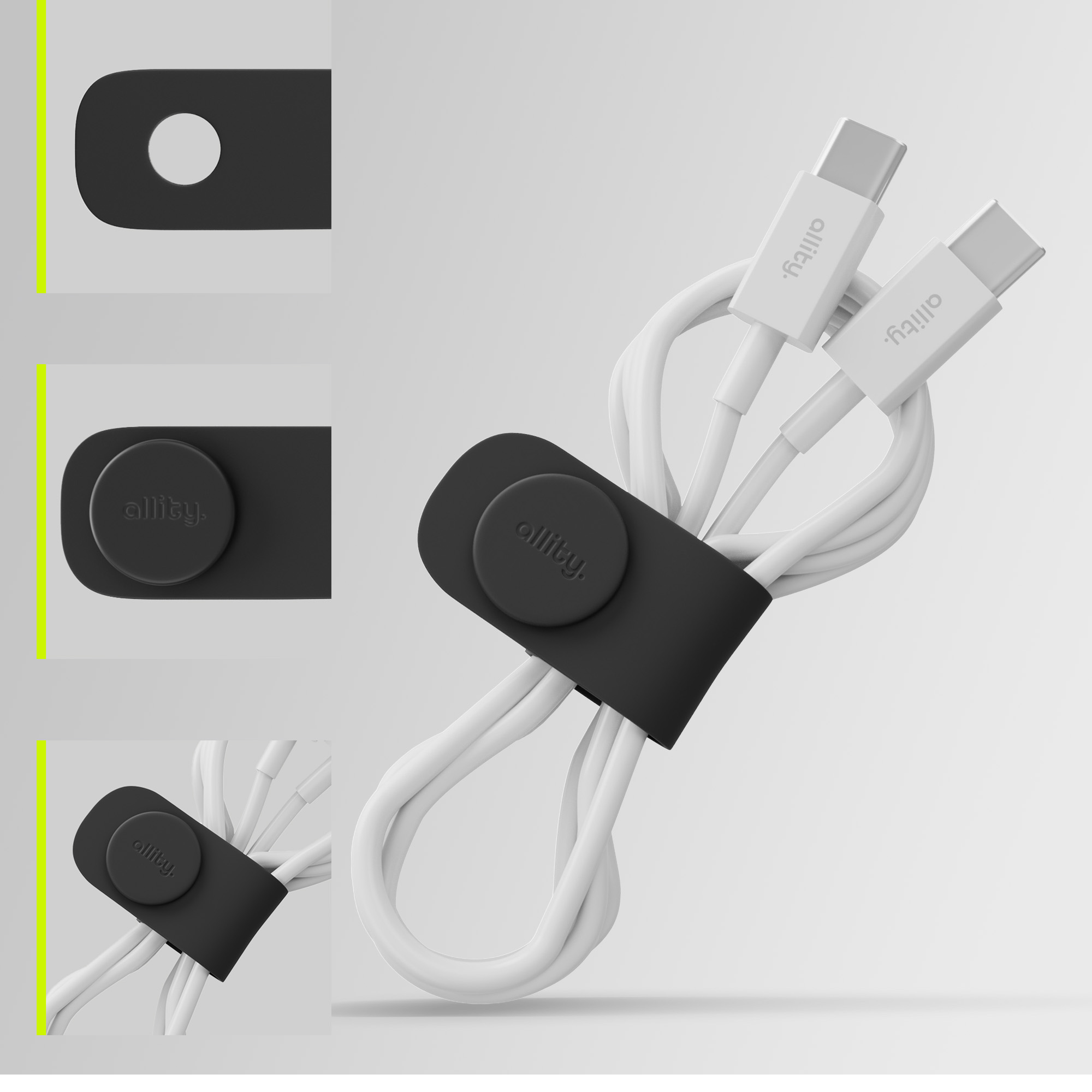 Organizzatore cavi nero che tiene cavi bianchi con connettori USB-C.