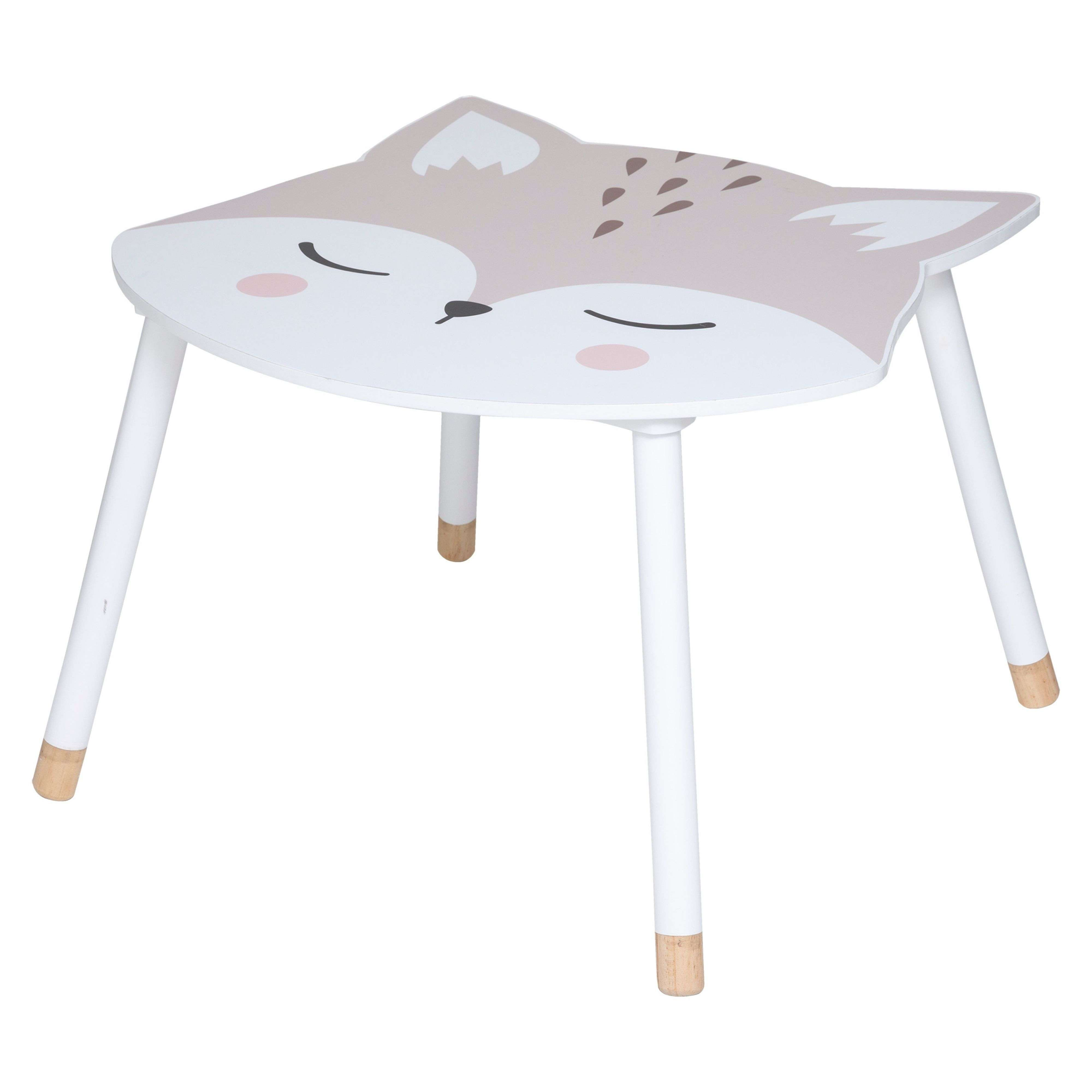 Una mesa infantil blanca con forma de zorro y cuatro patas de madera.
