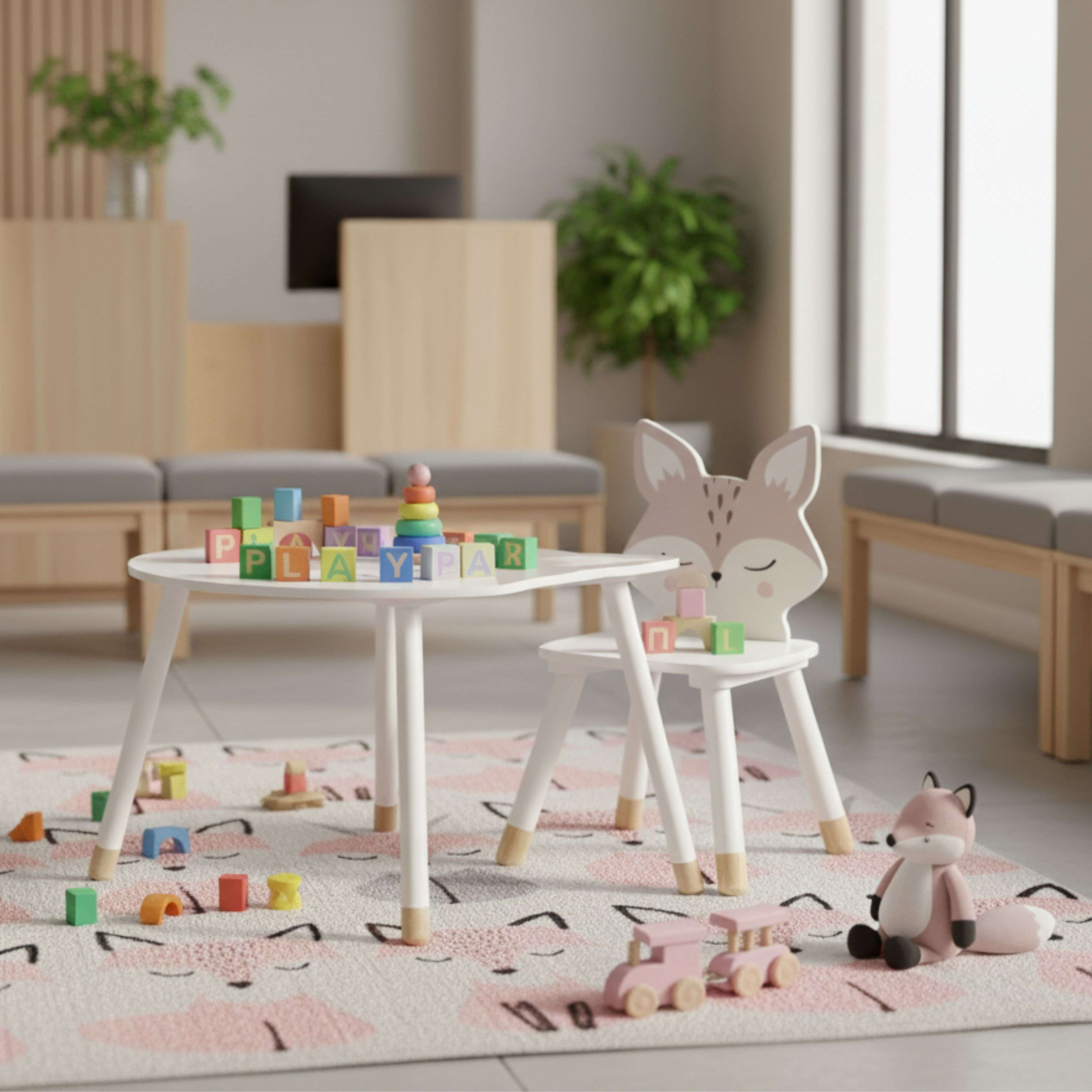 Área de juegos infantiles con mesa y silla blancas, bloques de madera y juguete de zorro.