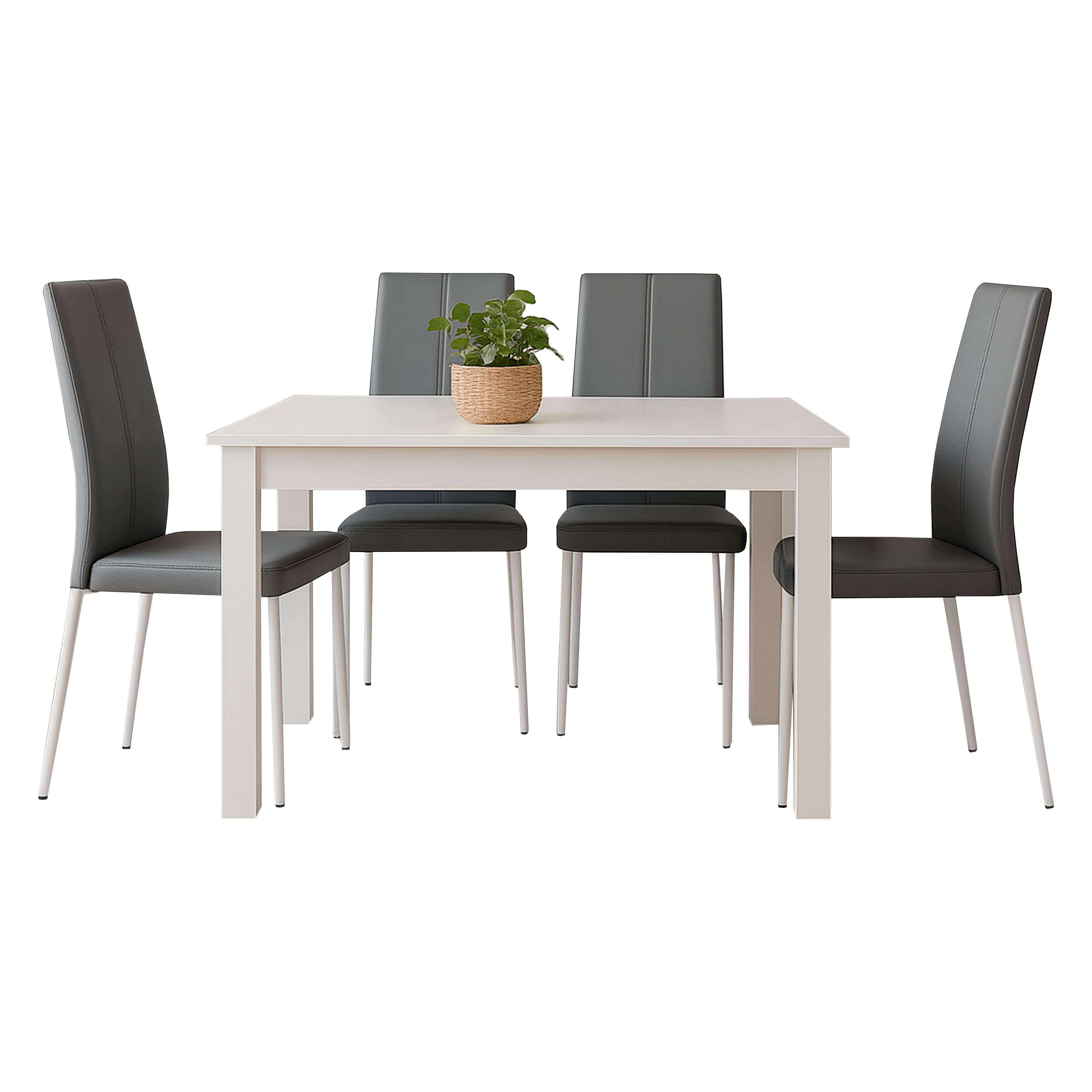 Una mesa de comedor blanca con cuatro sillas grises y una planta en maceta.