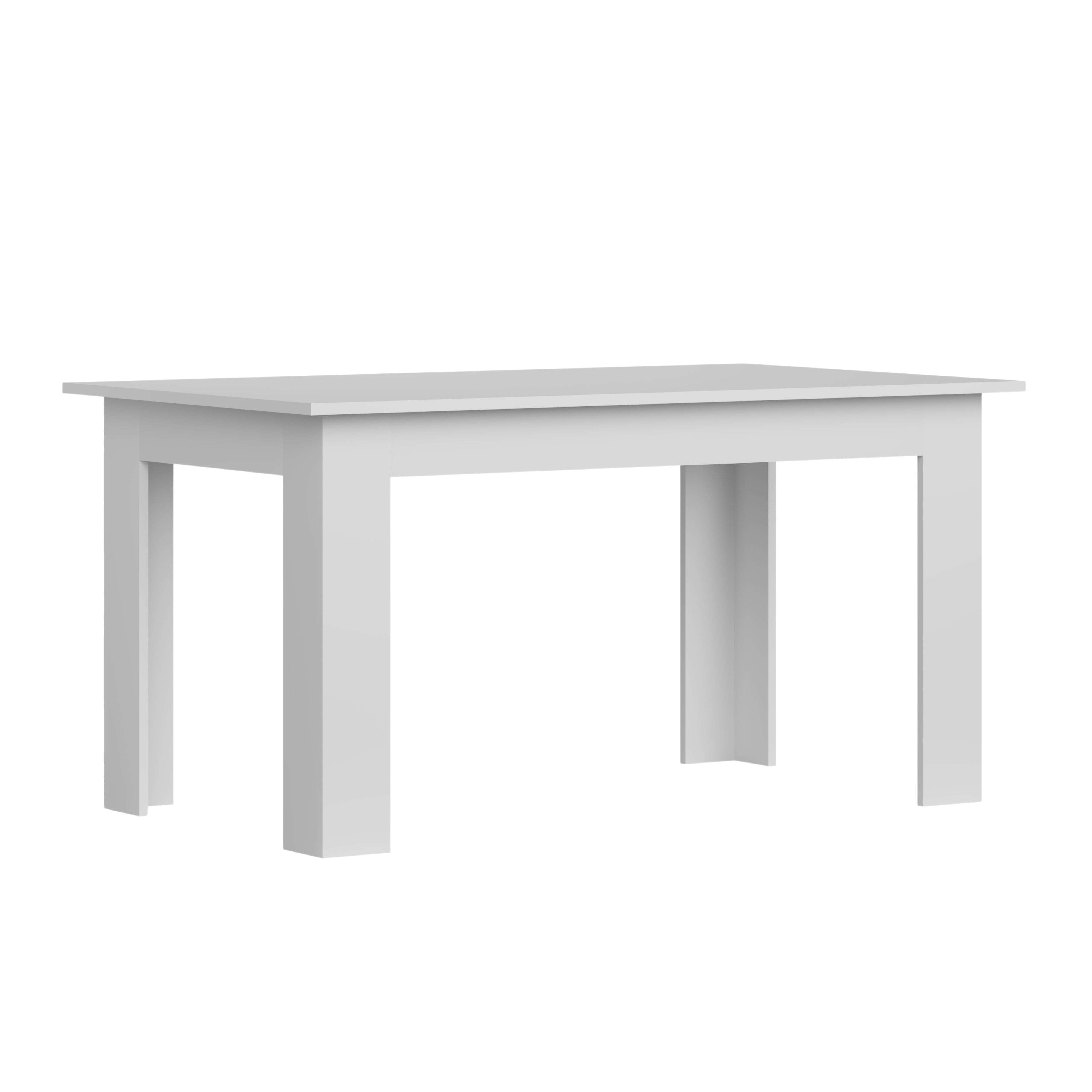 Una mesa de comedor blanca con cuatro patas rectangulares.