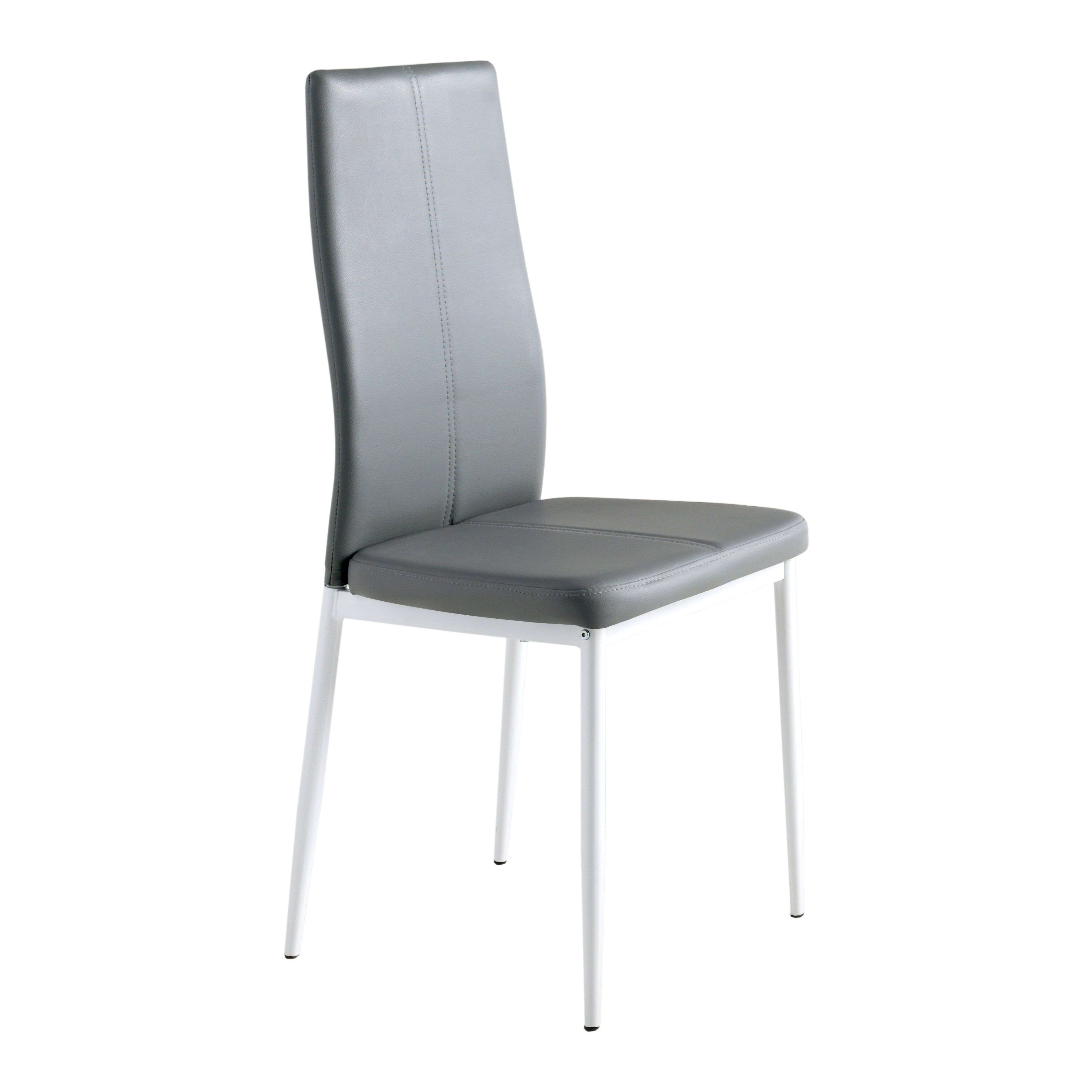 Silla gris de cuero sintético con patas de metal blanco, diseño minimalista.