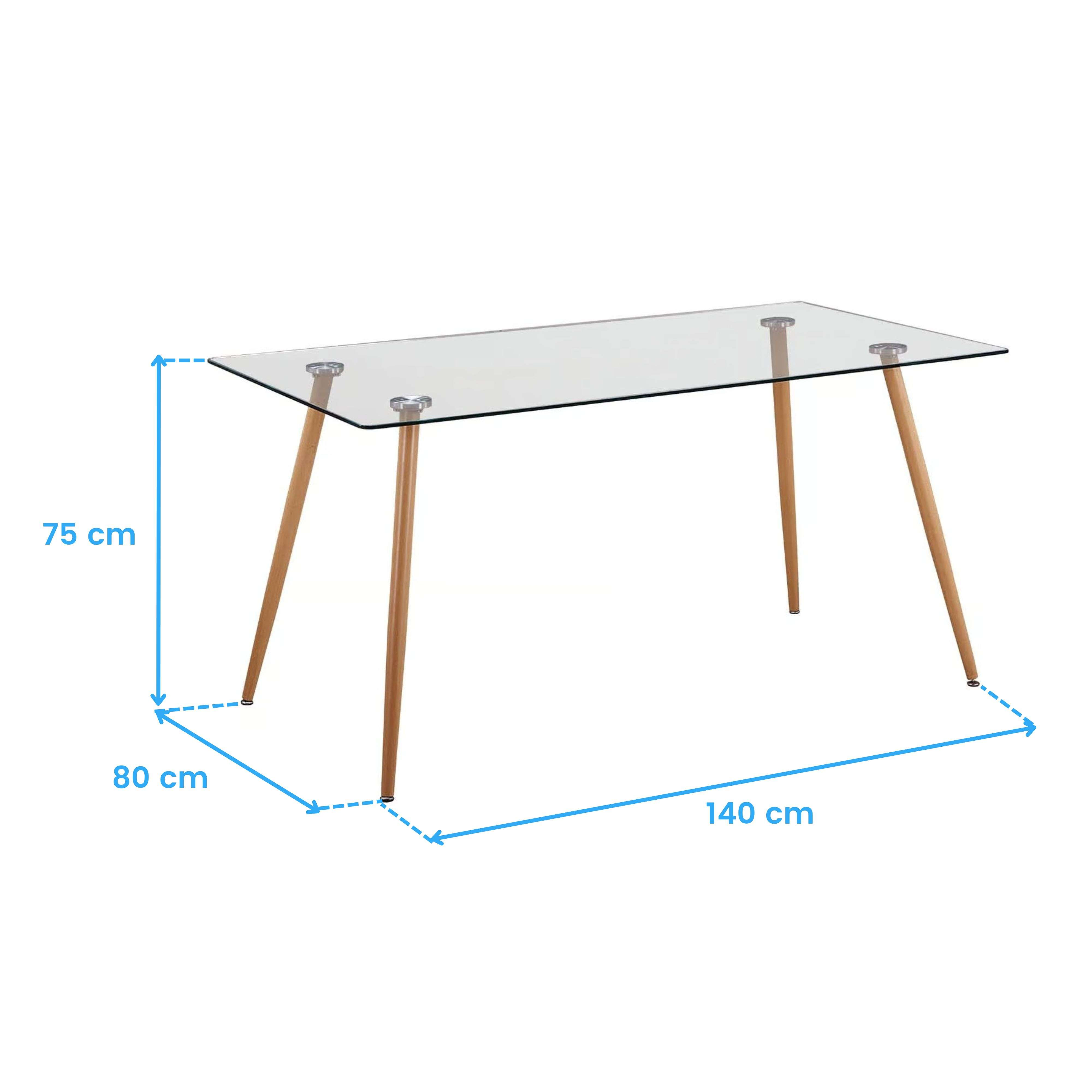 Una mesa rectangular de cristal con cuatro patas de madera, medidas 140x80x75 cm.