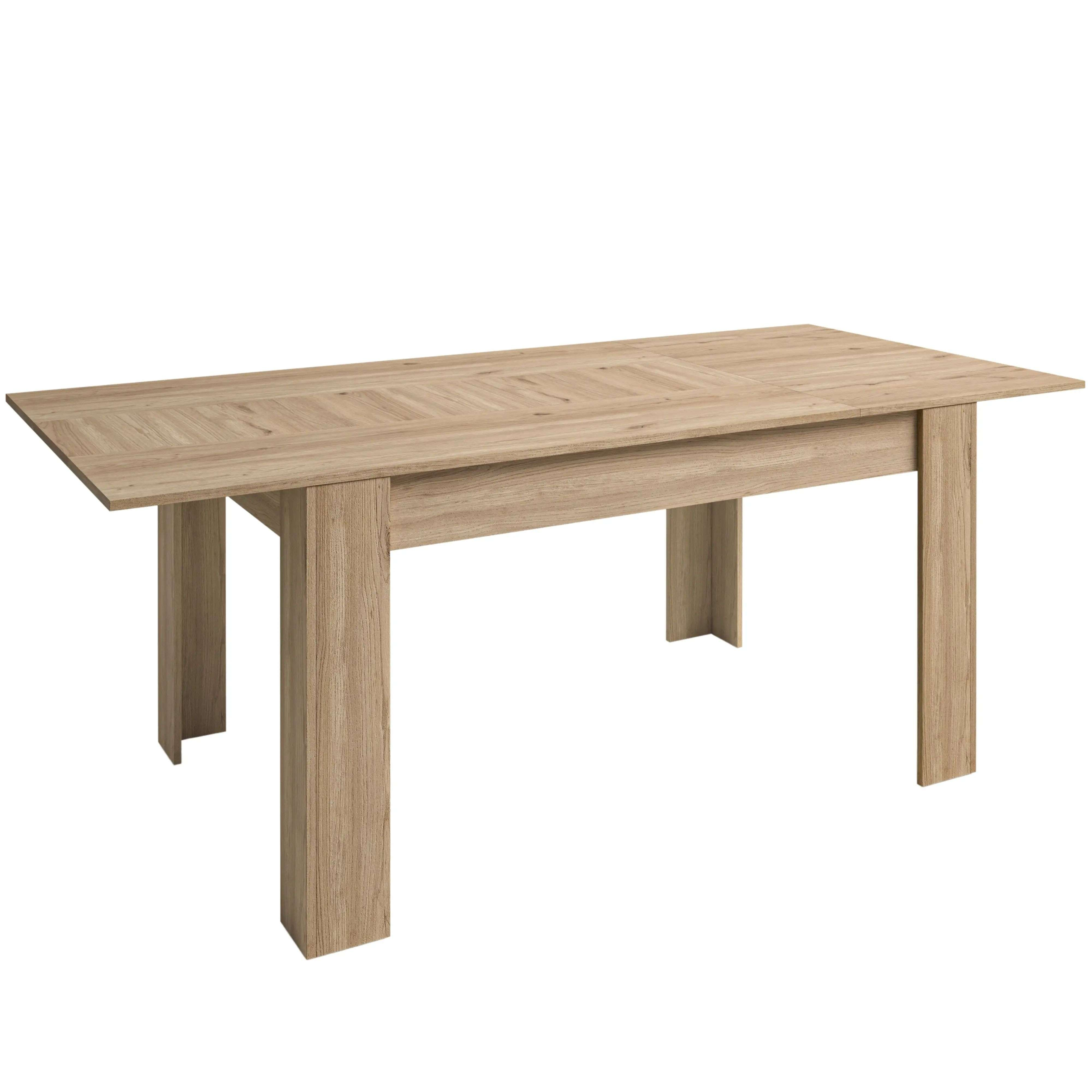 Una mesa de madera clara con tapa rectangular y dos patas rectangulares anchas.