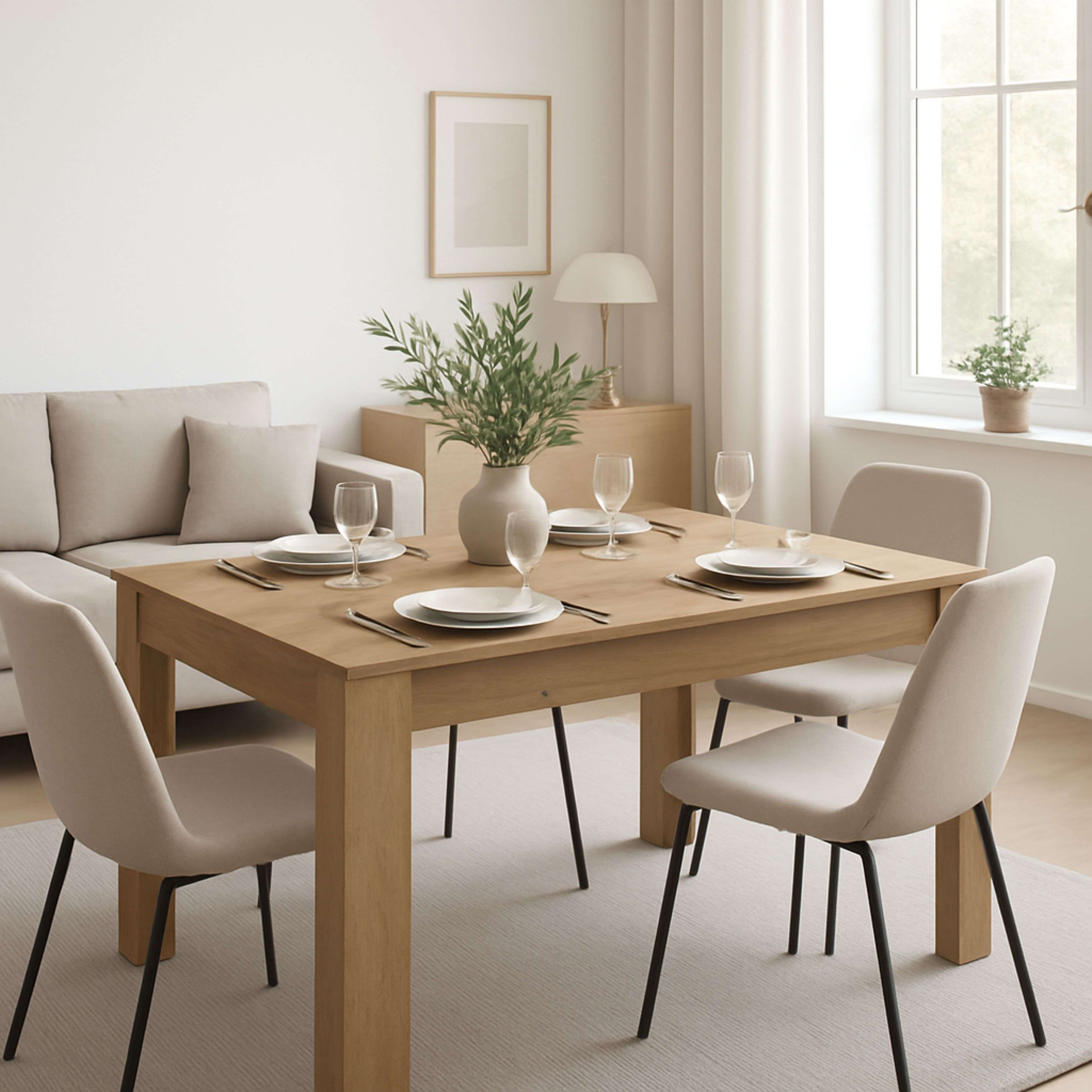 Una mesa de comedor de madera puesta para cuatro, con sillas.