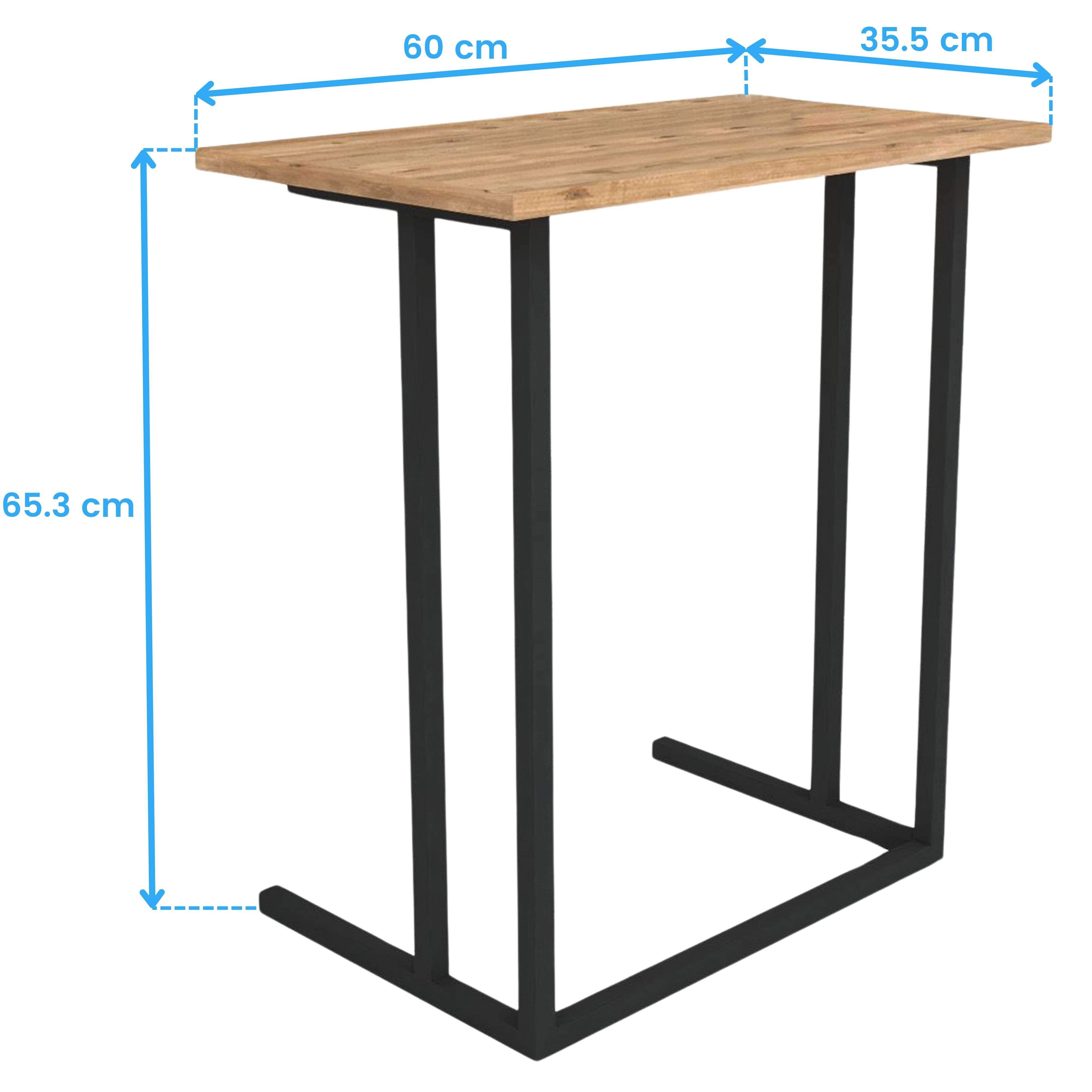 Una mesa rectangular con tapa de madera y patas metálicas negras.