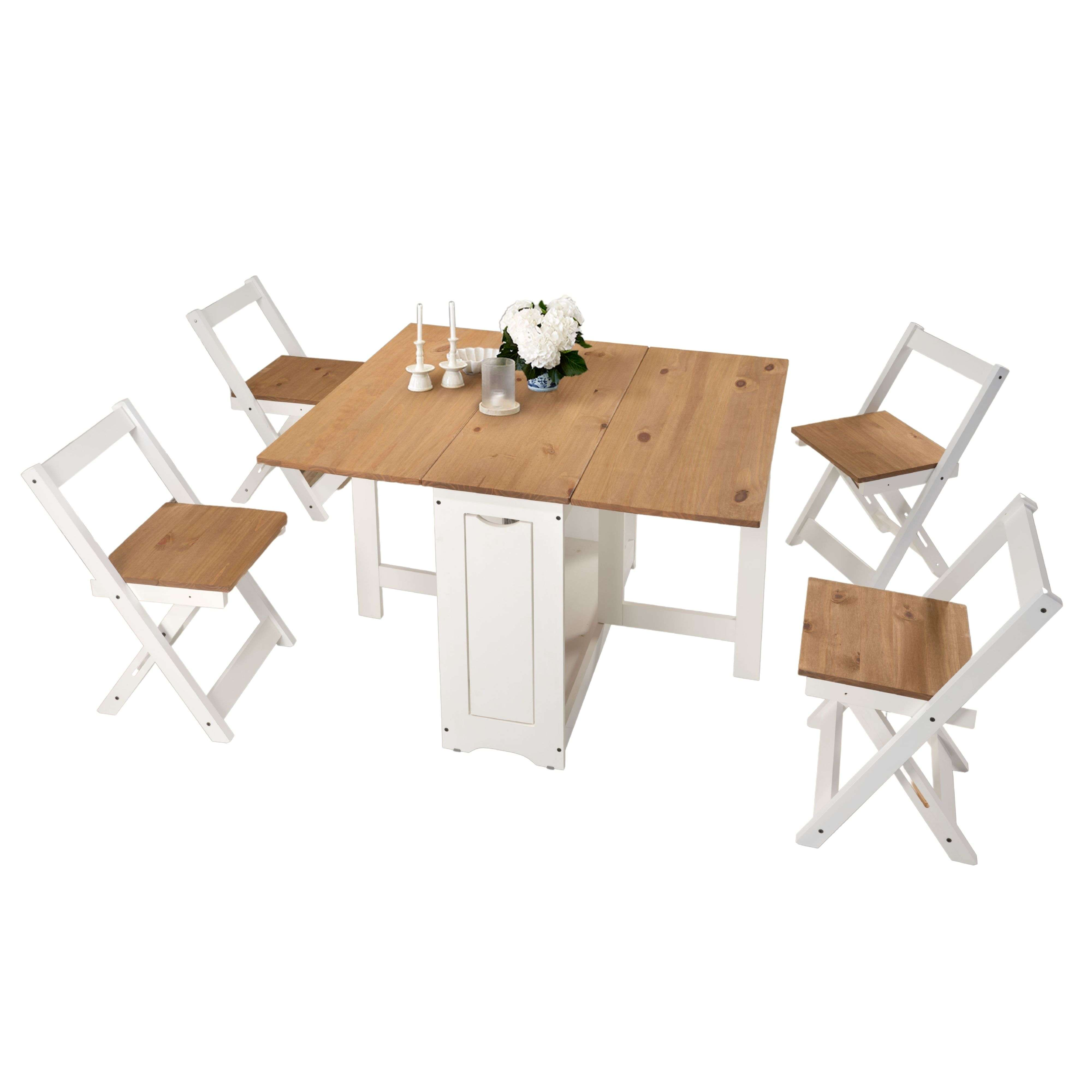 Una mesa de madera abatible con cuatro sillas blancas de asientos de madera.
