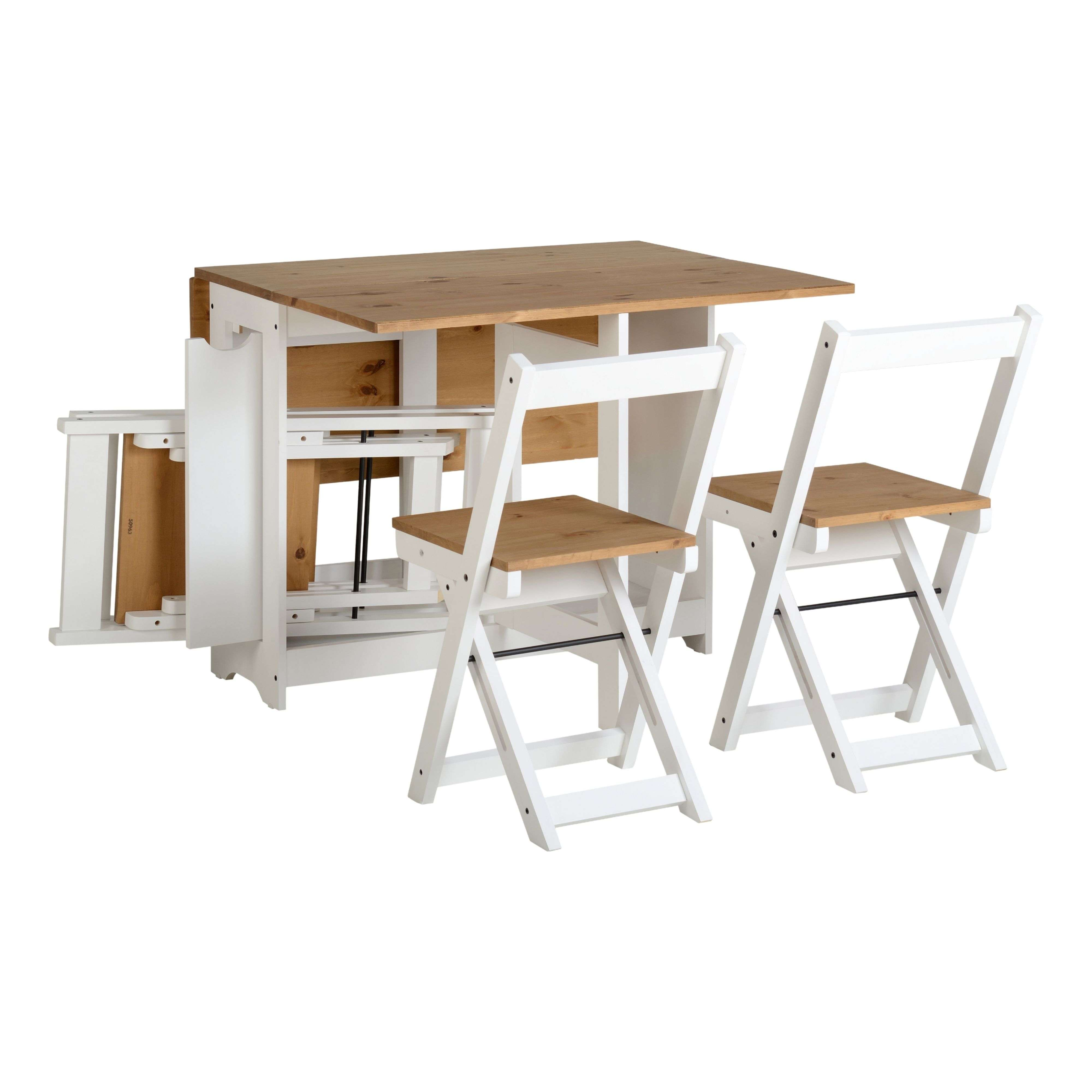 Una mesa abatible con dos sillas, en blanco y madera.