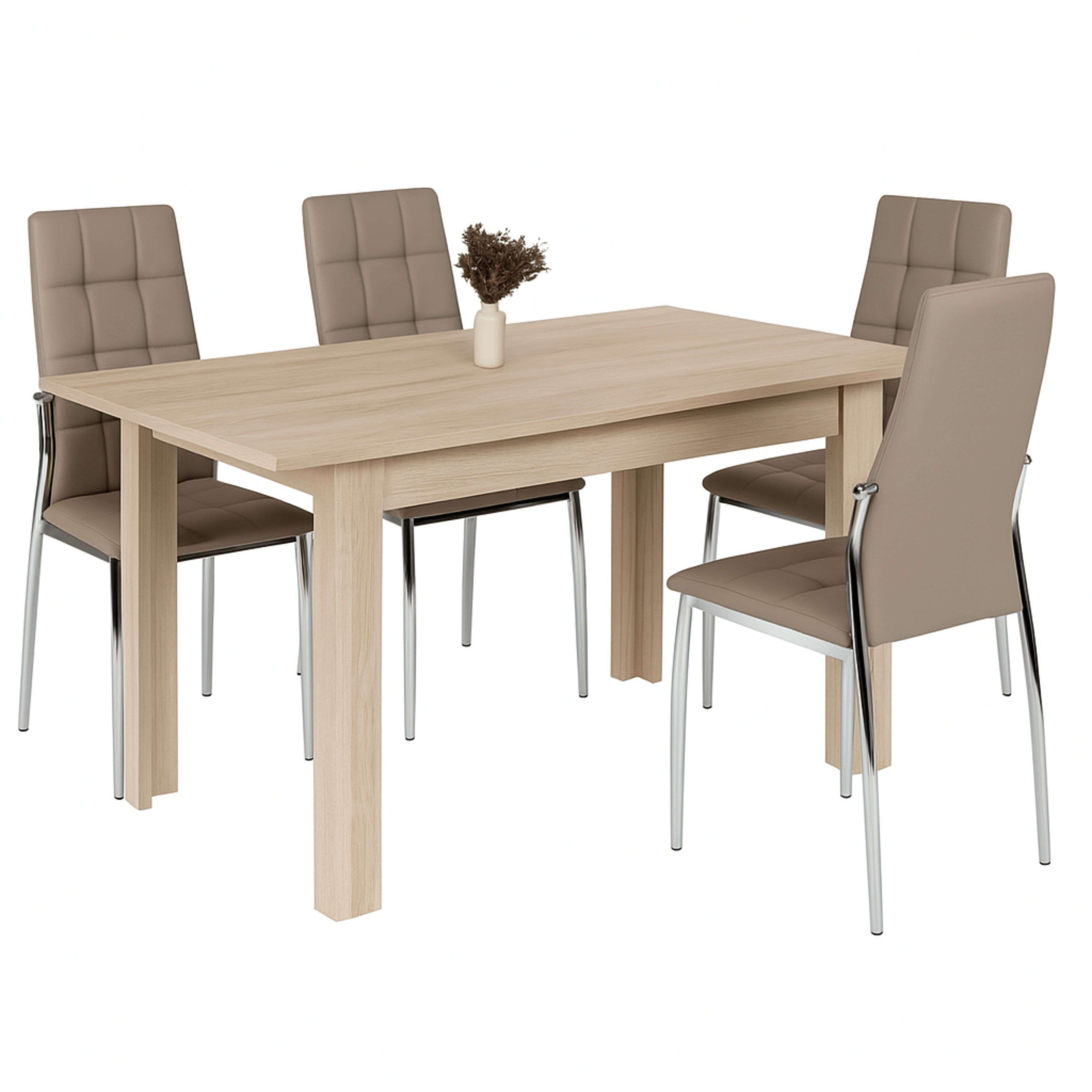Una mesa de comedor de madera con cuatro sillas beige con patas de metal.