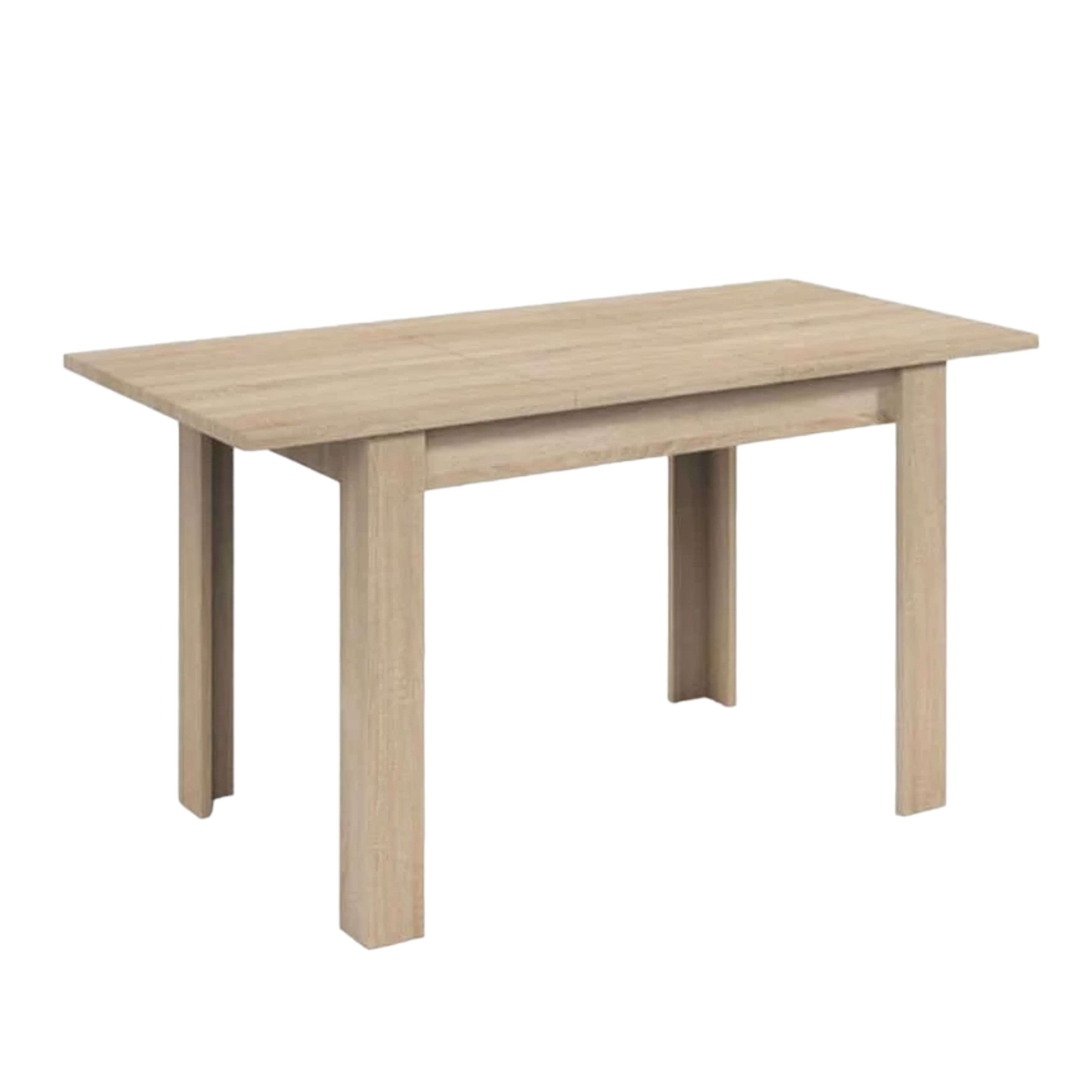 Una mesa de madera clara con cuatro patas se alza sobre fondo blanco.